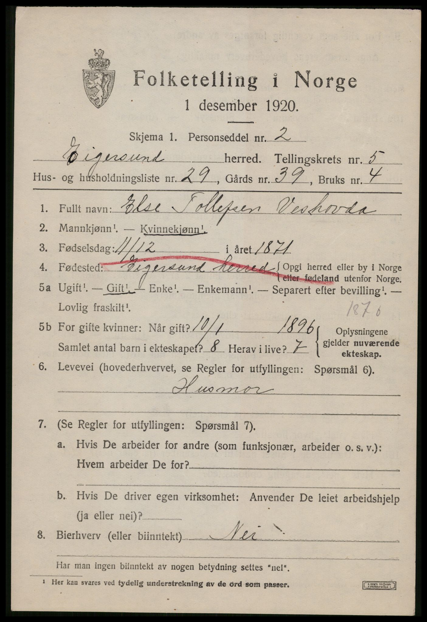 SAST, 1920 census for Eigersund, 1920, p. 3857