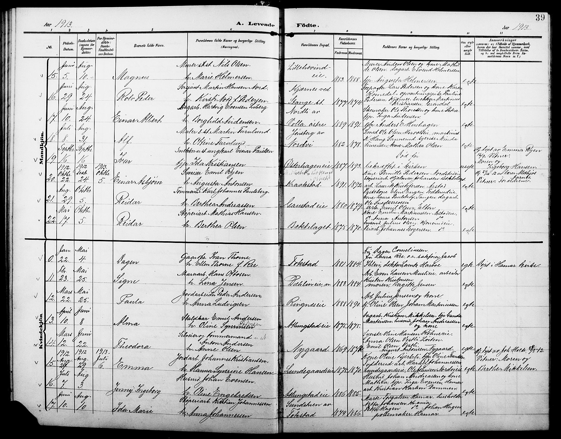 Stange prestekontor, AV/SAH-PREST-002/L/L0013: Parish register (copy) no. 13, 1906-1915, p. 39
