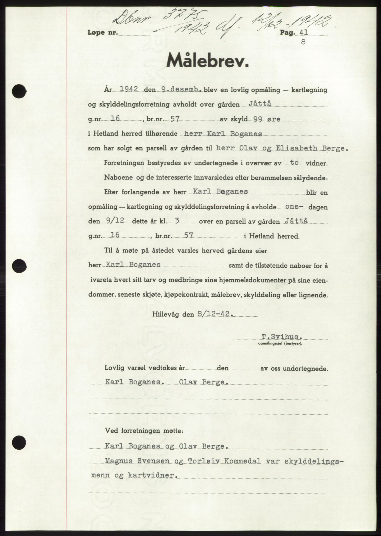 Jæren sorenskriveri, AV/SAST-A-100310/03/G/Gba/L0083: Mortgage book, 1942-1942, Diary no: : 3775/1942