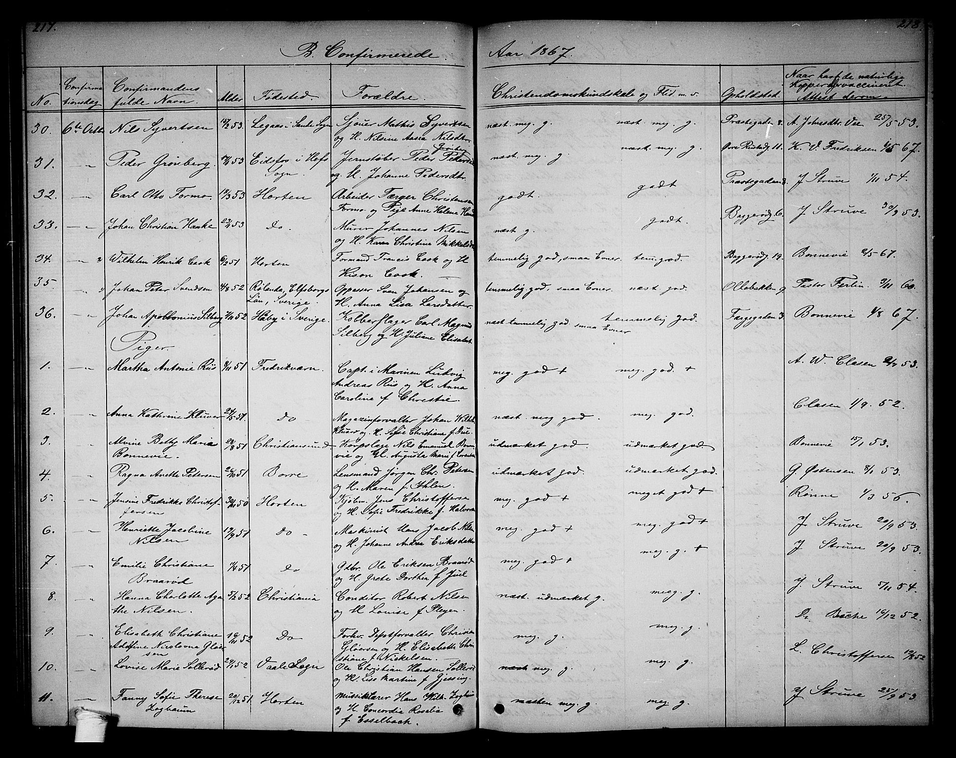 Horten kirkebøker, SAKO/A-348/G/Ga/L0002: Parish register (copy) no. 2, 1864-1871, p. 217-218