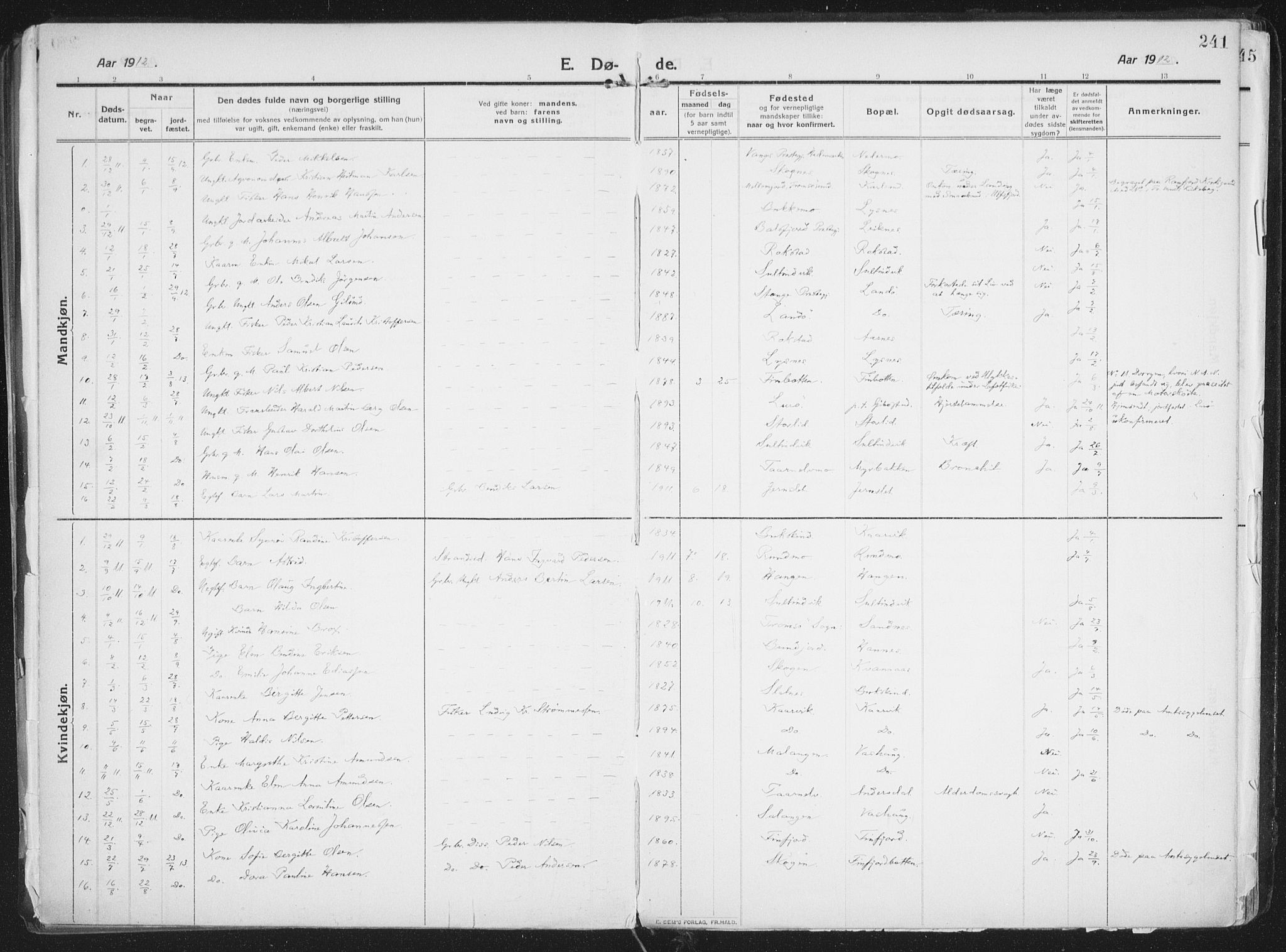 Lenvik sokneprestembete, SATØ/S-1310/H/Ha/Haa/L0016kirke: Parish register (official) no. 16, 1910-1924, p. 241