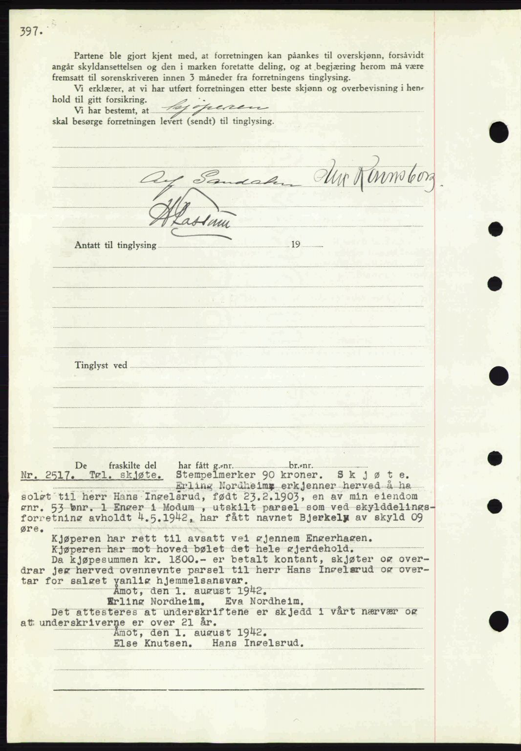 Eiker, Modum og Sigdal sorenskriveri, SAKO/A-123/G/Ga/Gab/L0047: Mortgage book no. A17, 1942-1943, Diary no: : 2517/1942