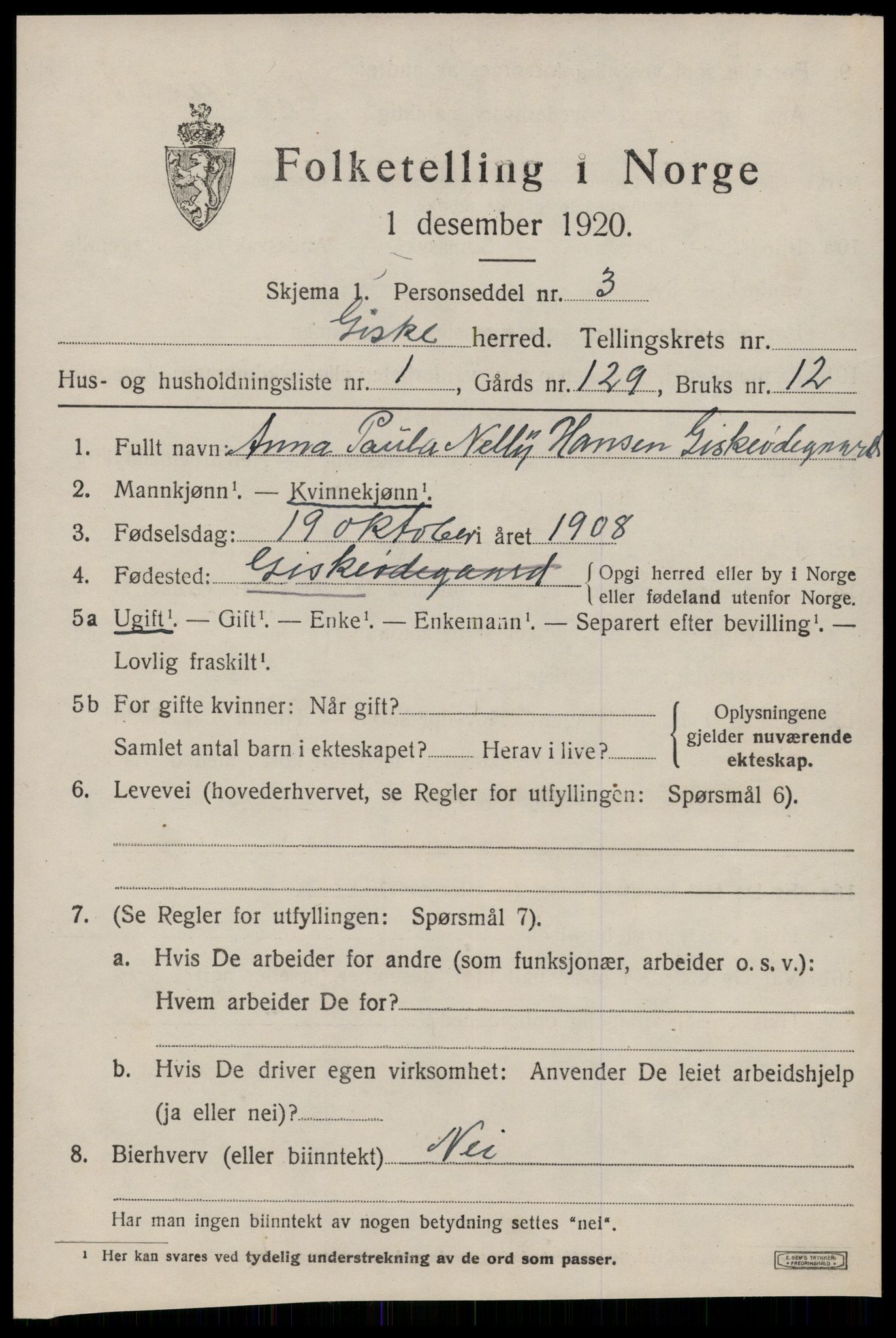 SAT, 1920 census for Giske, 1920, p. 1654