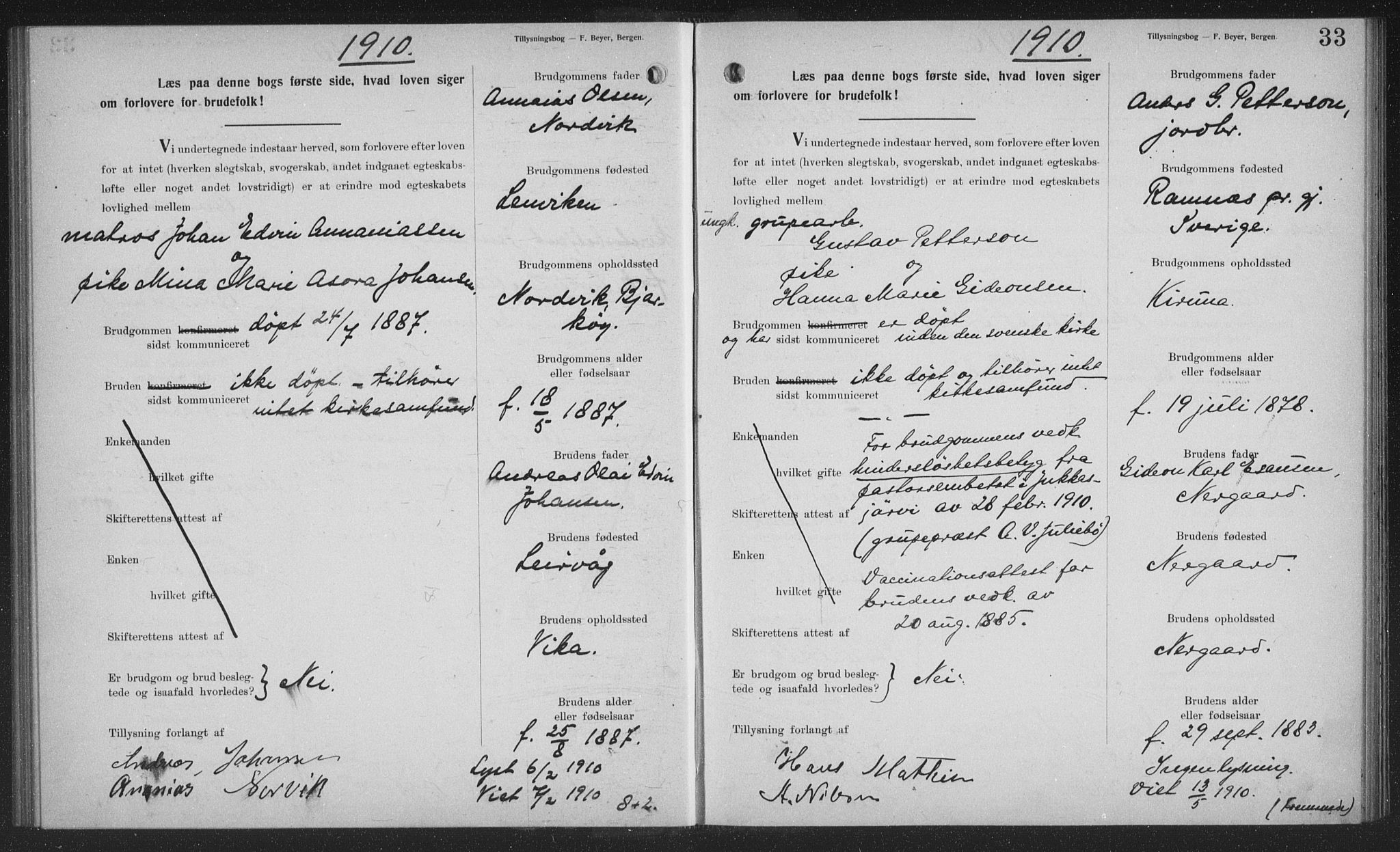 Sand/Bjarkøy sokneprestkontor, SATØ/S-0811/J/Jb/L0024: Banns register no. 24, 1905-1917, p. 33
