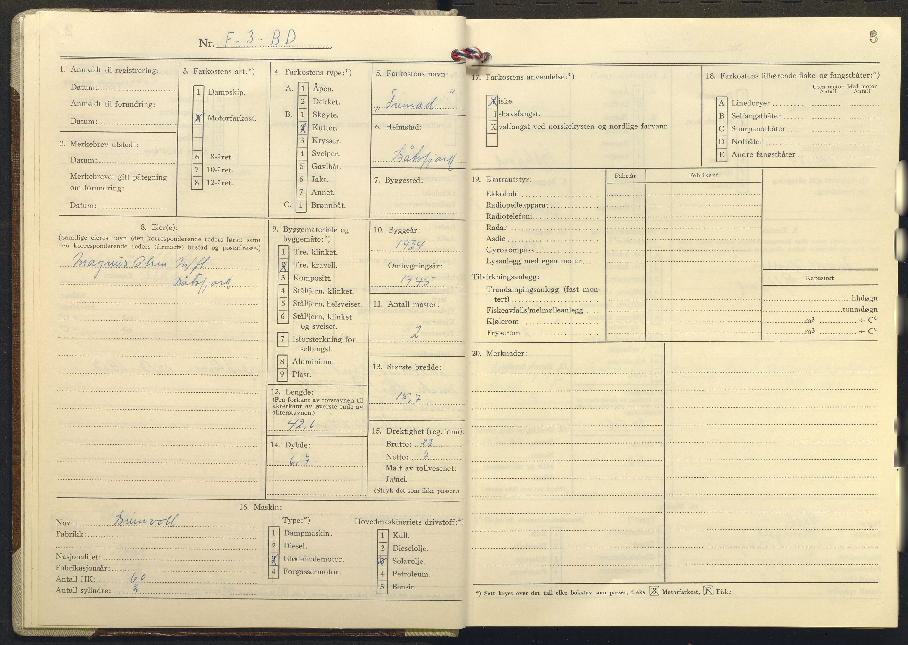 Fiskeridirektoratet - 1 Adm. ledelse - 13 Båtkontoret, AV/SAB-A-2003/I/Ia/Ia.a/L0010: 135.0103/3 Merkeprotokoll - Båtsfjord, 1966-1976