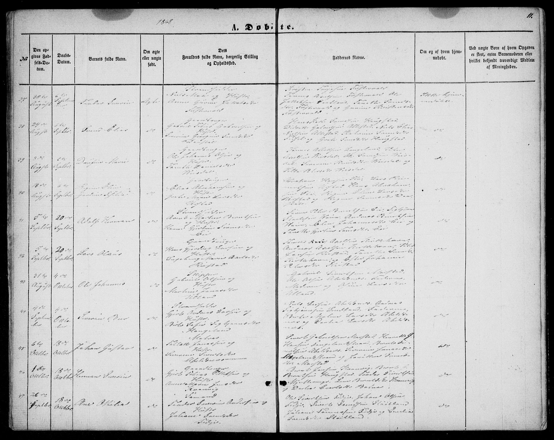 Flekkefjord sokneprestkontor, AV/SAK-1111-0012/F/Fb/Fbb/L0003: Parish register (copy) no. B 3, 1867-1889, p. 11