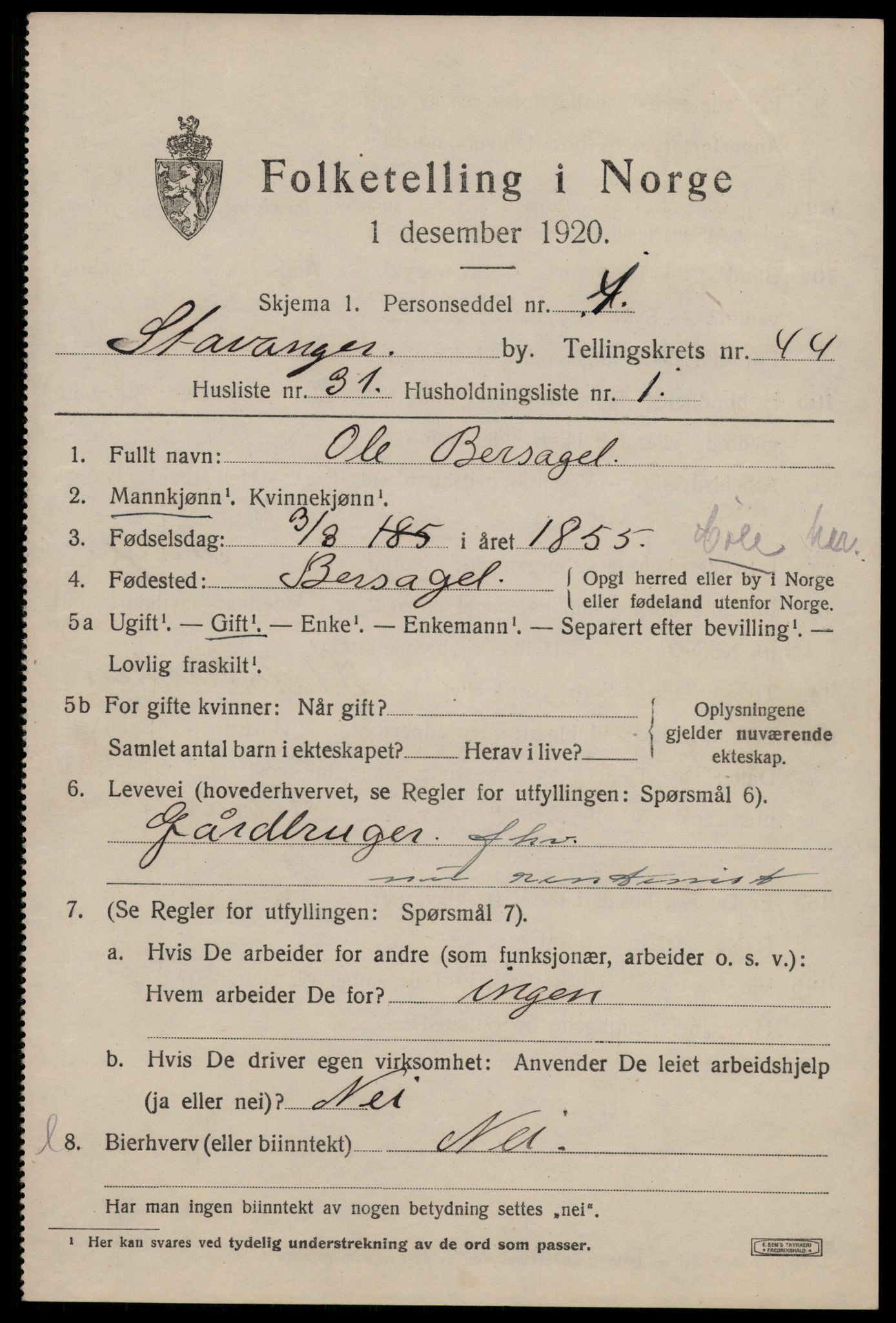 SAST, 1920 census for Stavanger, 1920, p. 108882