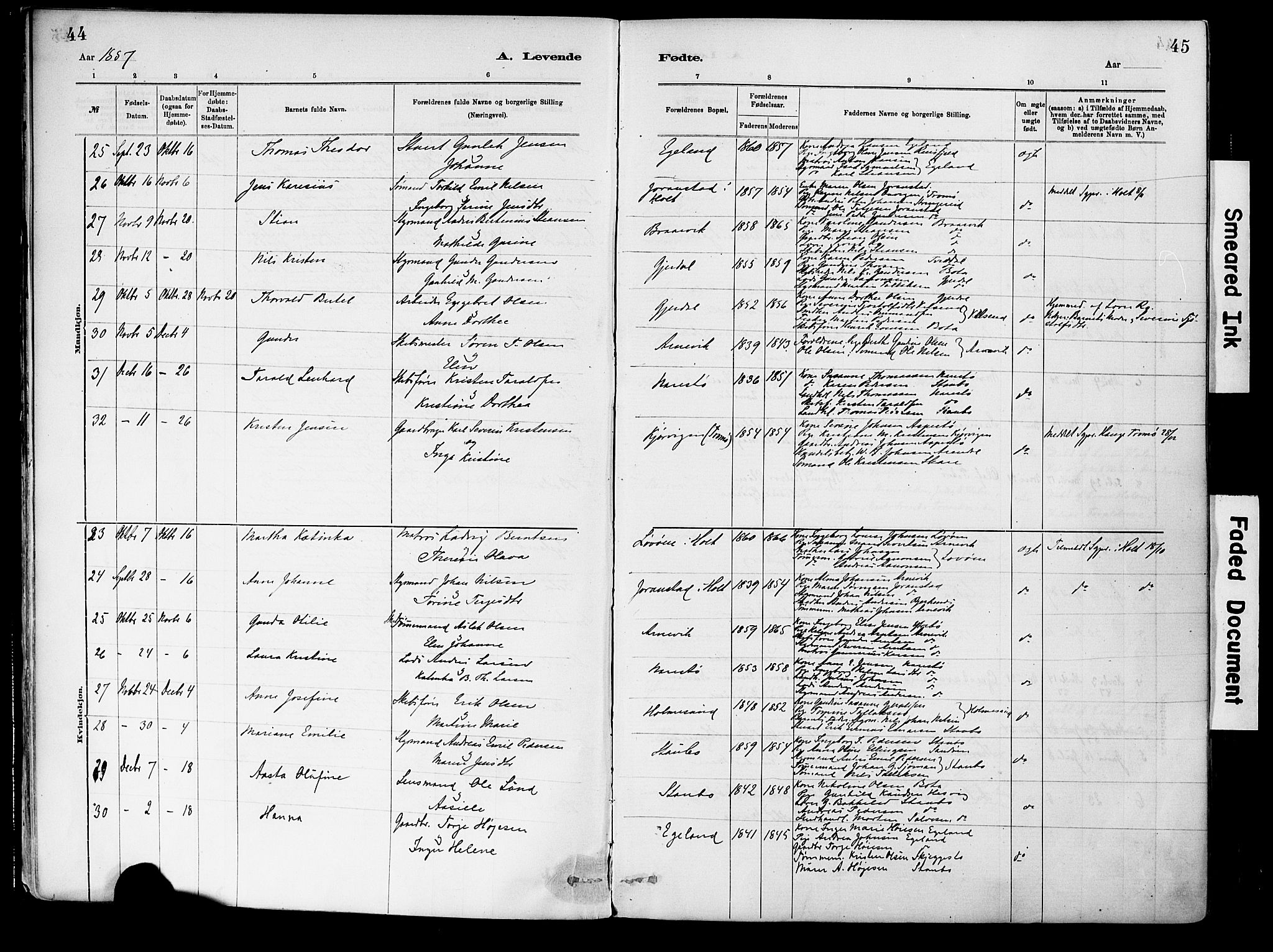 Dypvåg sokneprestkontor, AV/SAK-1111-0007/F/Fa/Fab/L0001: Parish register (official) no. A 1, 1885-1912, p. 44-45