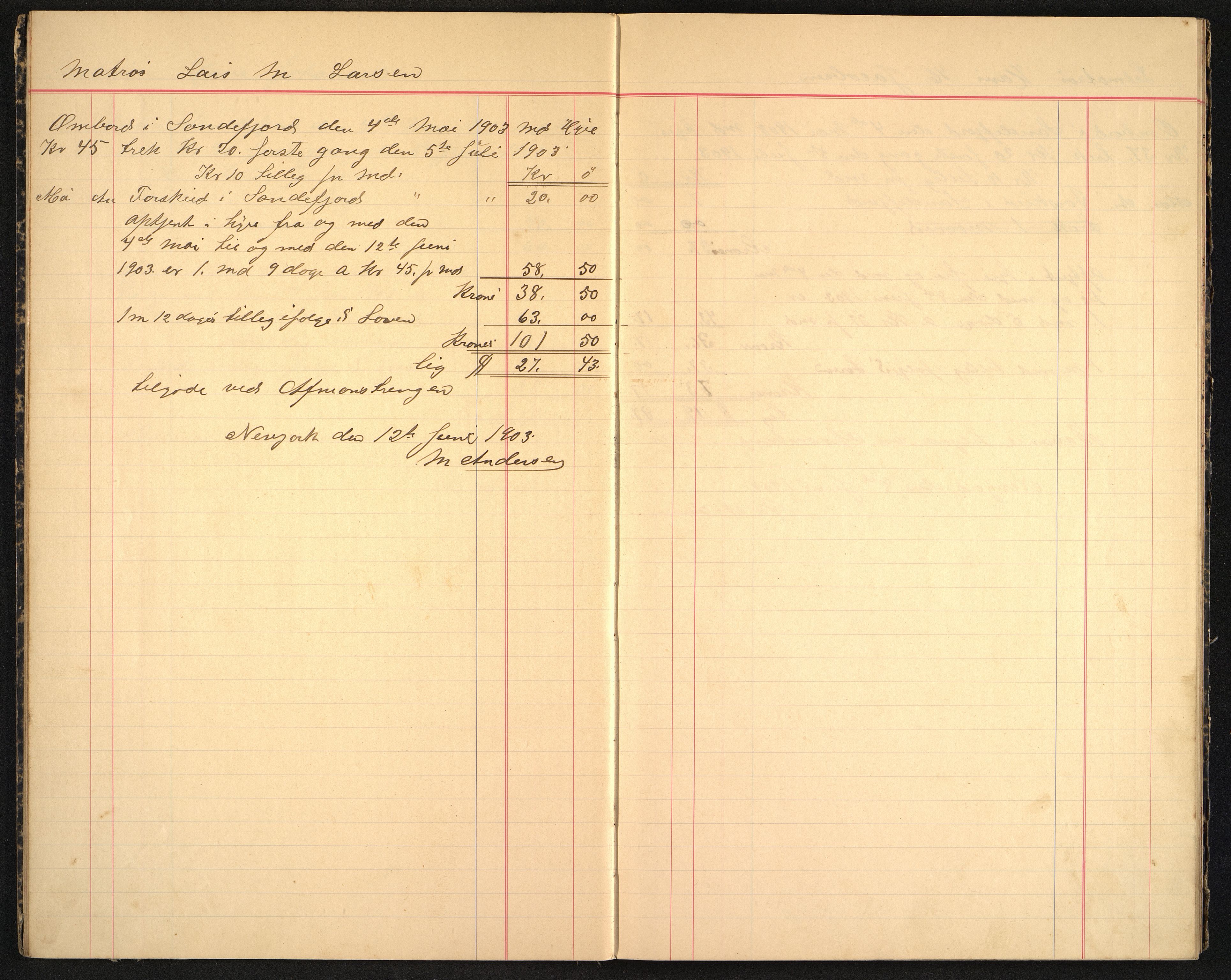 Andersen, M. Kaptein, VEMU/VFA-A-1140/R/L0005: Regnskapsjournal - mannskapsavregninger, 1903-1905