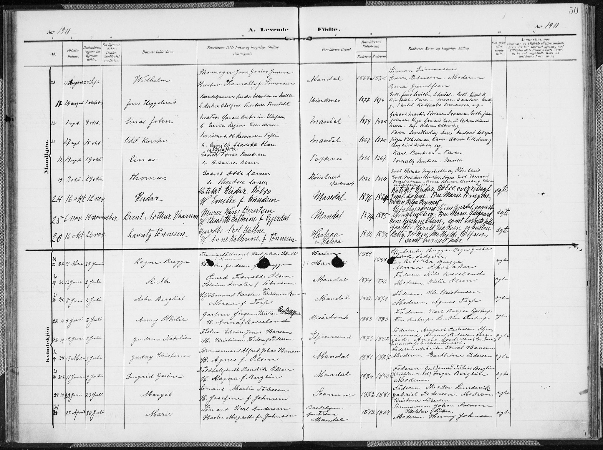 Mandal sokneprestkontor, AV/SAK-1111-0030/F/Fa/Faa/L0020: Parish register (official) no. A 20, 1906-1912, p. 50