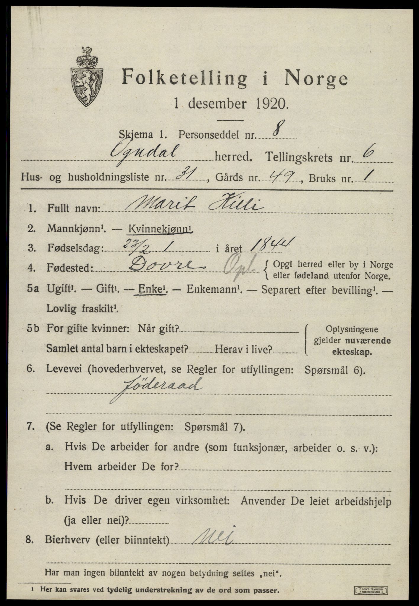 SAT, 1920 census for Ogndal, 1920, p. 2645