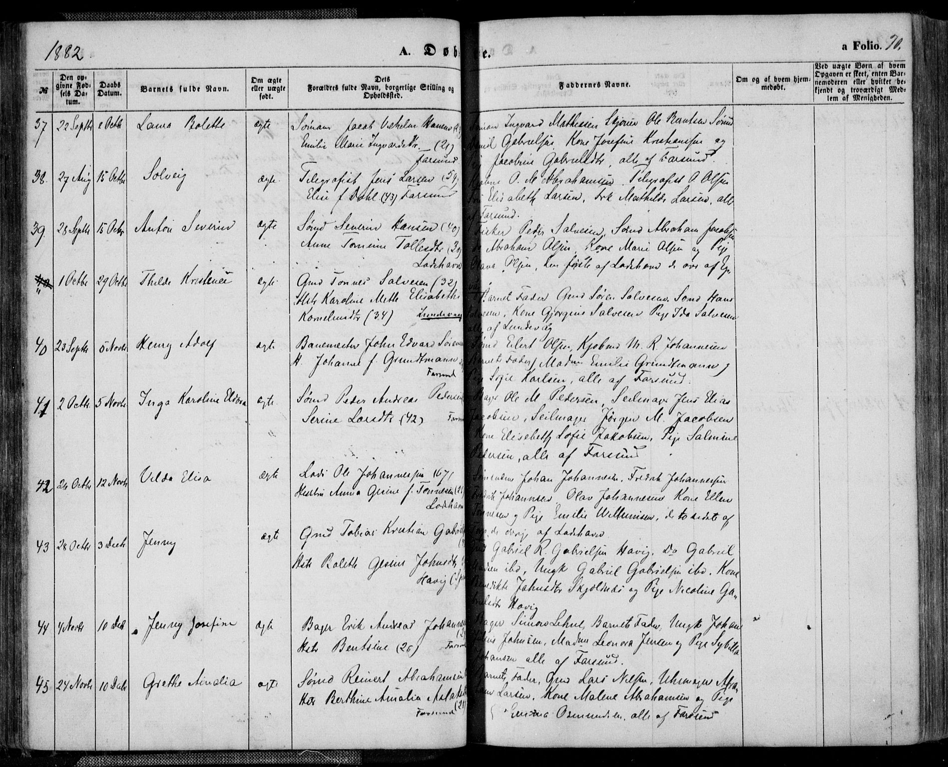 Farsund sokneprestkontor, SAK/1111-0009/F/Fa/L0005: Parish register (official) no. A 5, 1863-1886, p. 70