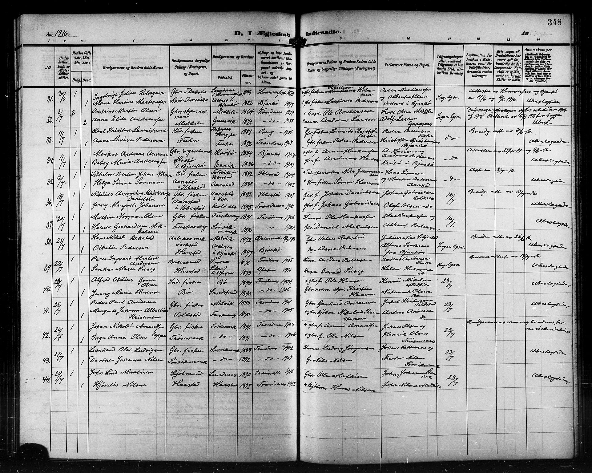 Trondenes sokneprestkontor, AV/SATØ-S-1319/H/Hb/L0012klokker: Parish register (copy) no. 12, 1907-1916, p. 348