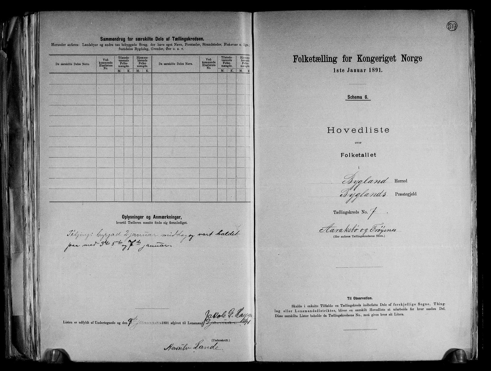 RA, 1891 census for 0938 Bygland, 1891, p. 20