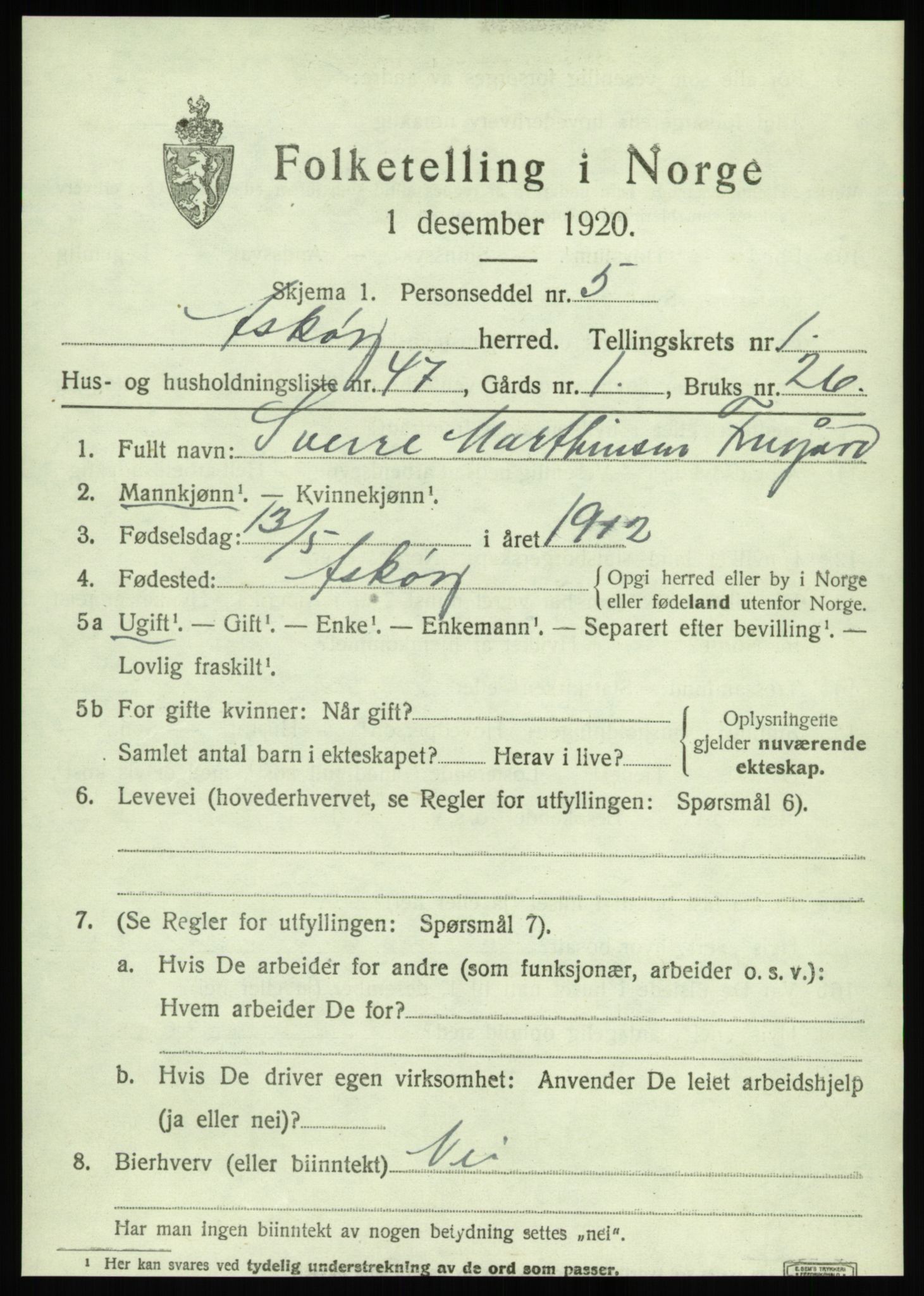 SAB, 1920 census for Askøy, 1920, p. 4018