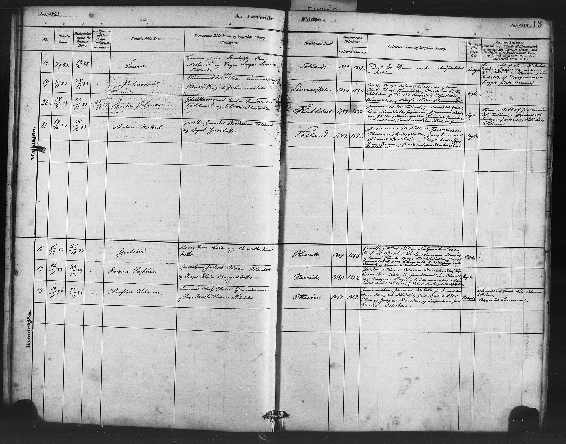 Finnås sokneprestembete, AV/SAB-A-99925/H/Ha/Haa/Haab/L0001: Parish register (official) no. B 1, 1881-1894, p. 13