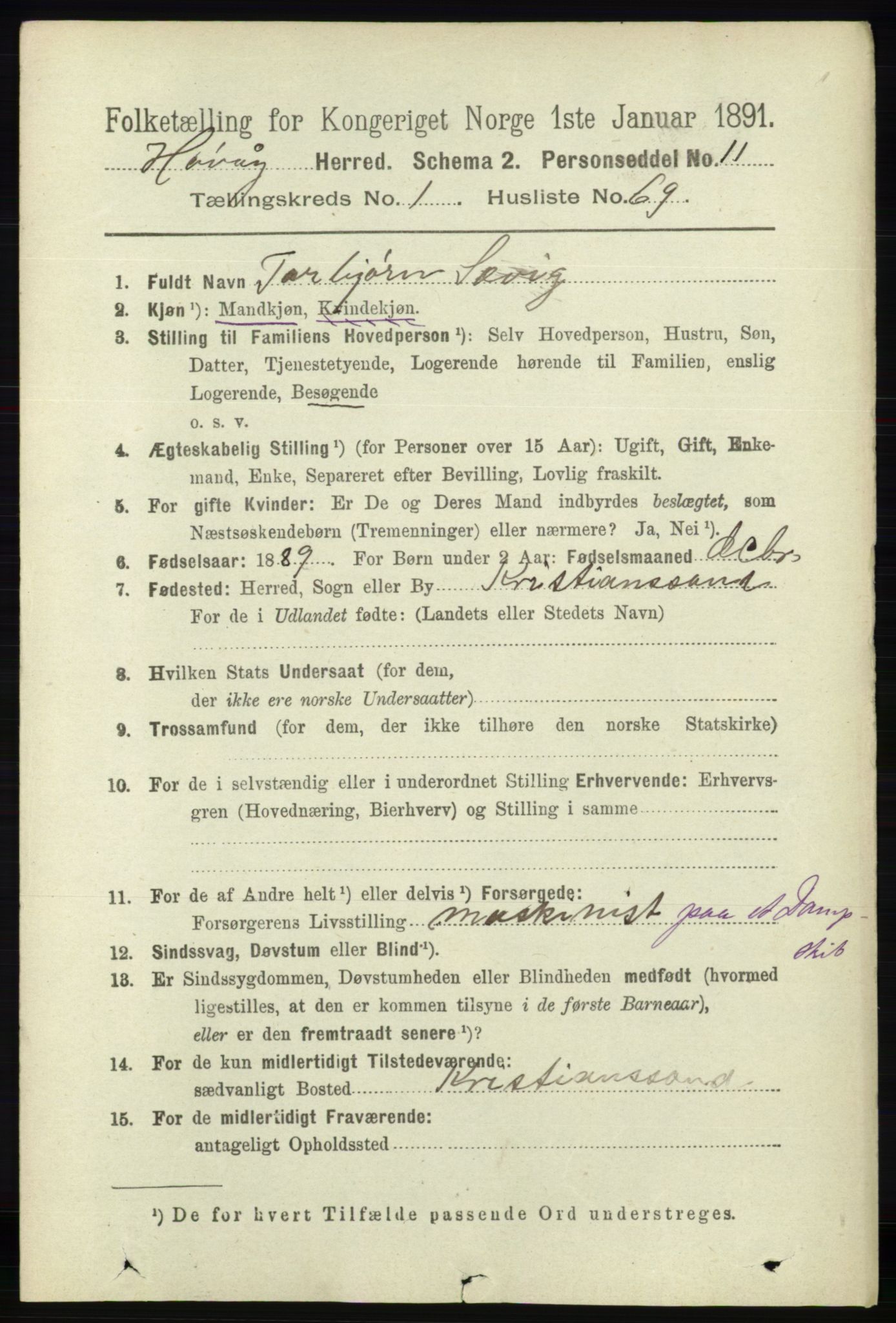 RA, 1891 census for 0927 Høvåg, 1891, p. 458