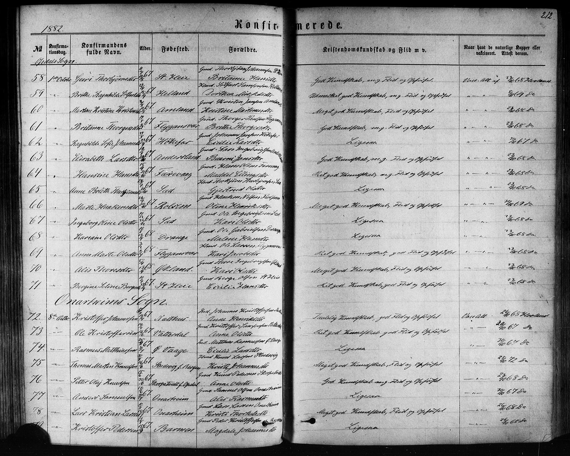 Tysnes sokneprestembete, AV/SAB-A-78601/H/Haa: Parish register (official) no. A 12, 1872-1886, p. 212