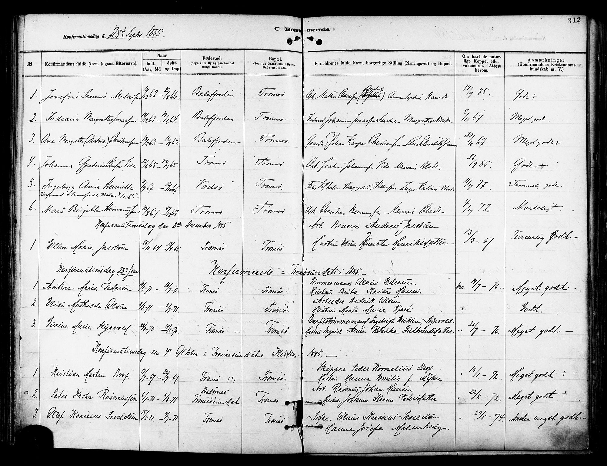 Tromsø sokneprestkontor/stiftsprosti/domprosti, SATØ/S-1343/G/Ga/L0014kirke: Parish register (official) no. 14, 1878-1888, p. 312