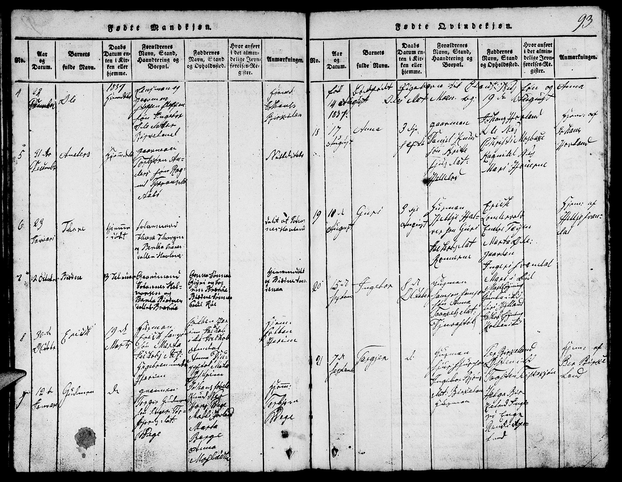 Suldal sokneprestkontor, AV/SAST-A-101845/01/V/L0002: Parish register (copy) no. B 2, 1816-1845, p. 93