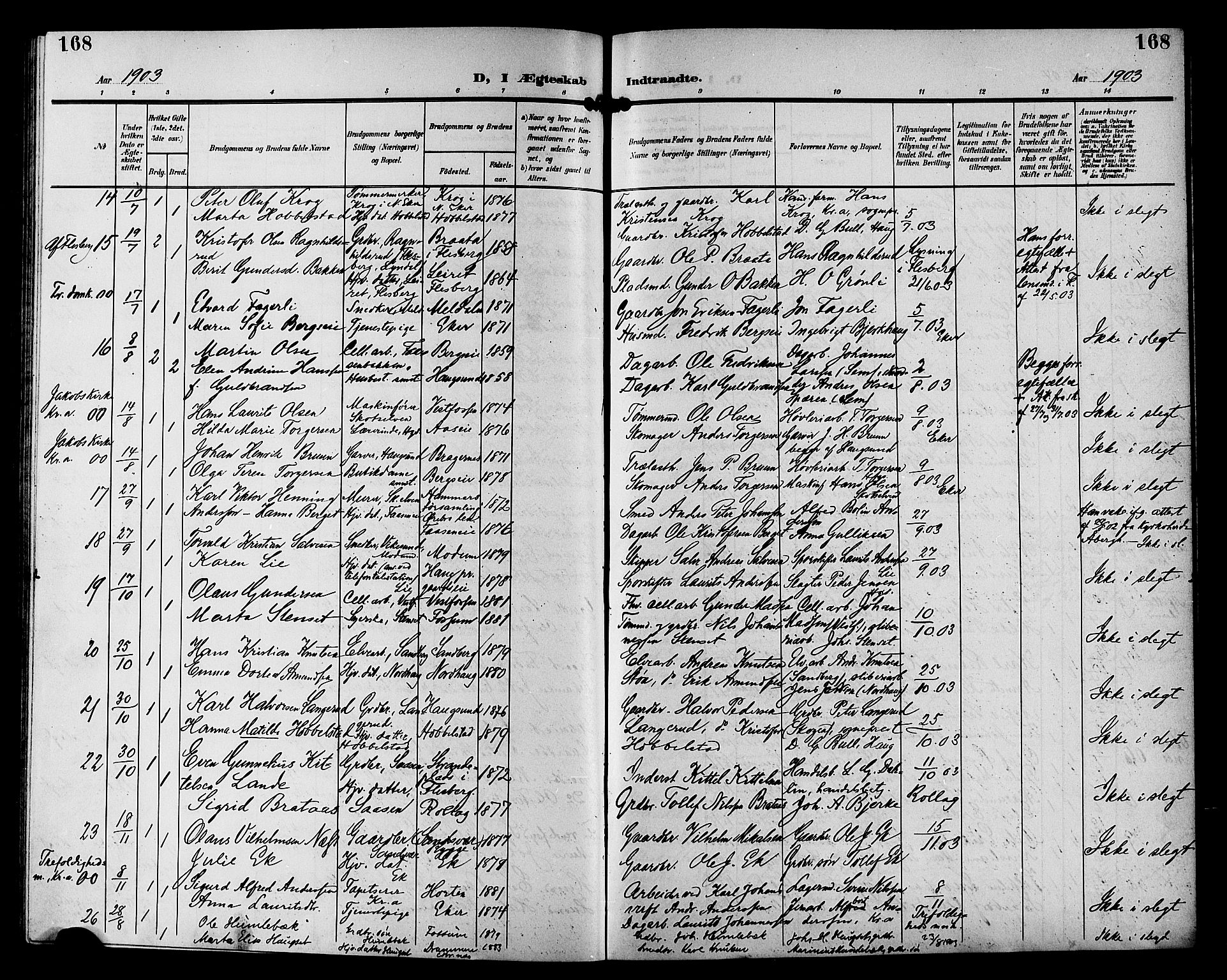 Eiker kirkebøker, AV/SAKO-A-4/G/Ga/L0008: Parish register (copy) no. I 8, 1903-1914, p. 168