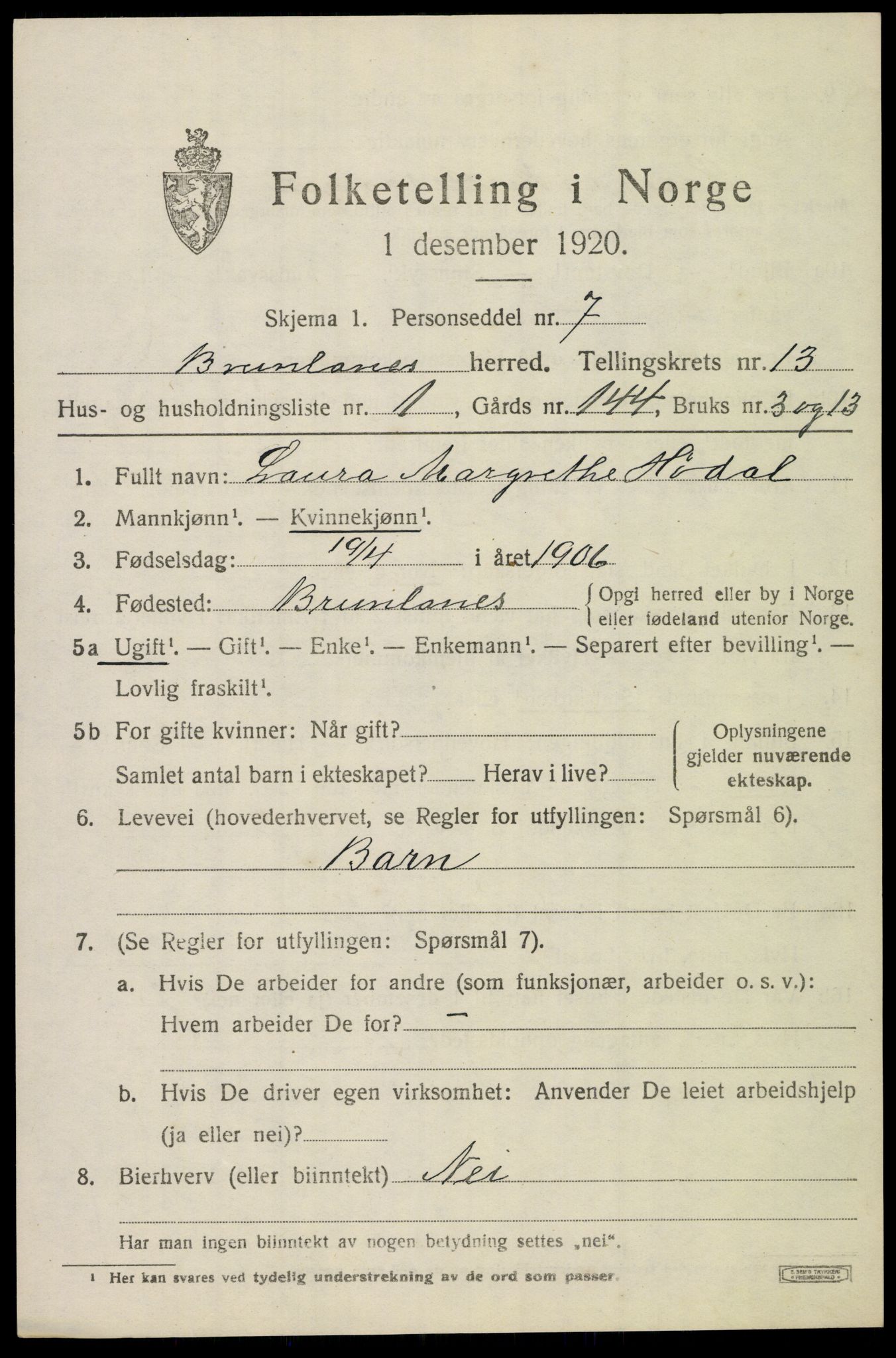 SAKO, 1920 census for Brunlanes, 1920, p. 10793