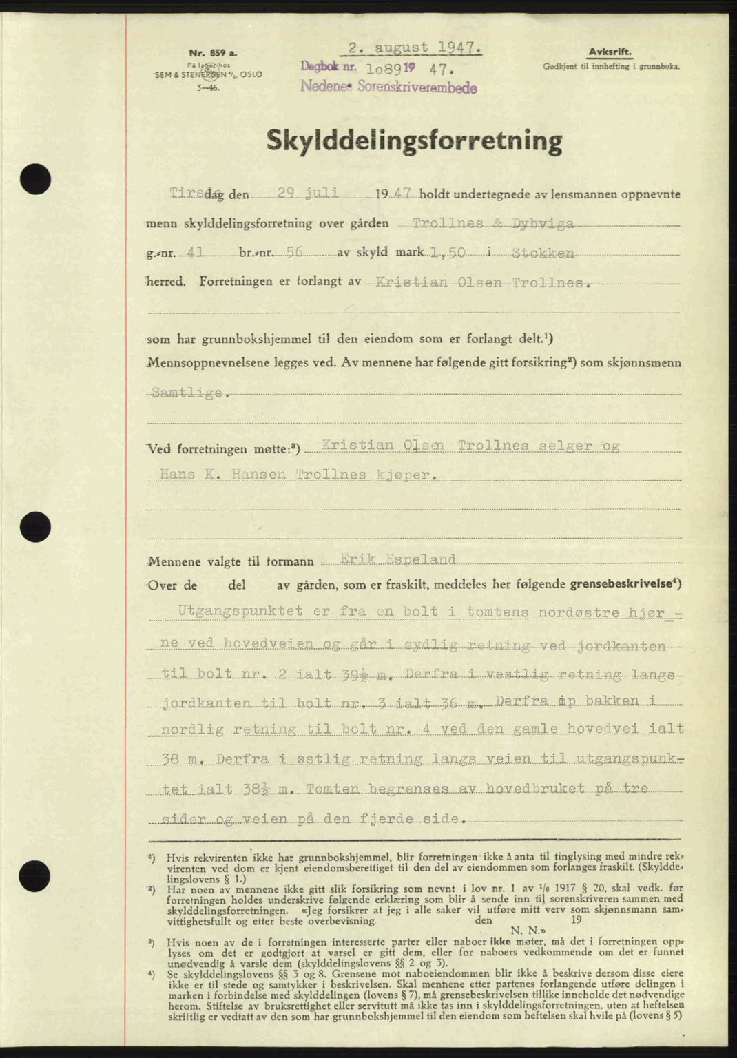 Nedenes sorenskriveri, SAK/1221-0006/G/Gb/Gba/L0057: Mortgage book no. A9, 1947-1947, Diary no: : 1089/1947