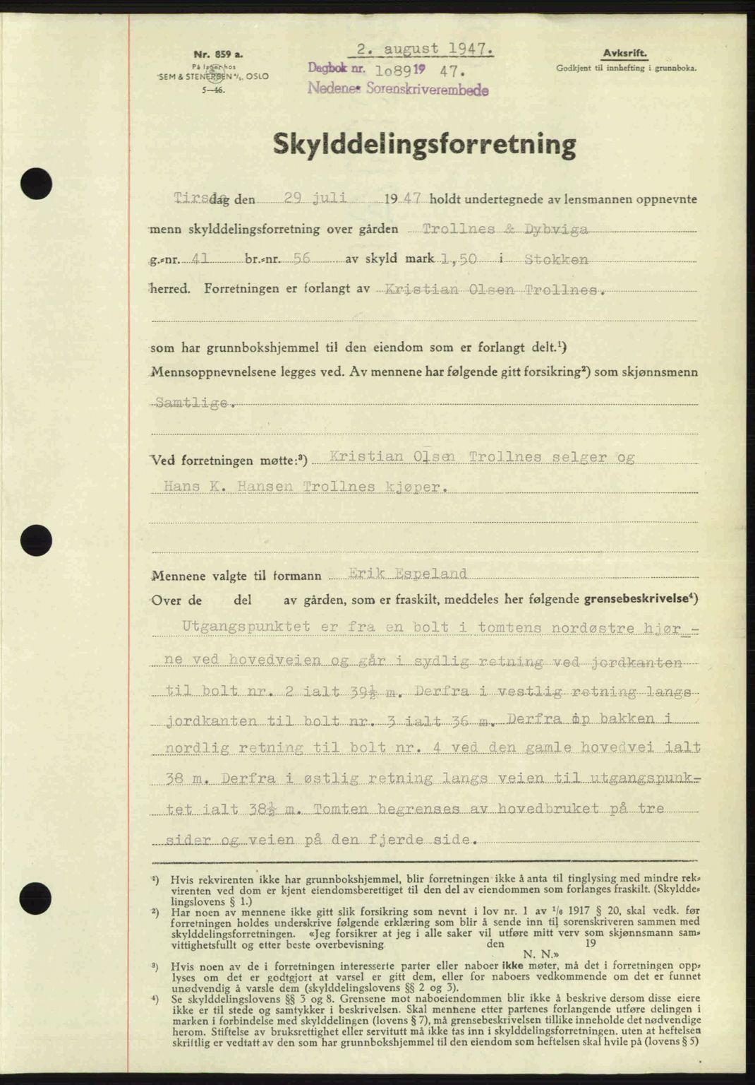 Nedenes sorenskriveri, AV/SAK-1221-0006/G/Gb/Gba/L0057: Mortgage book no. A9, 1947-1947, Diary no: : 1089/1947