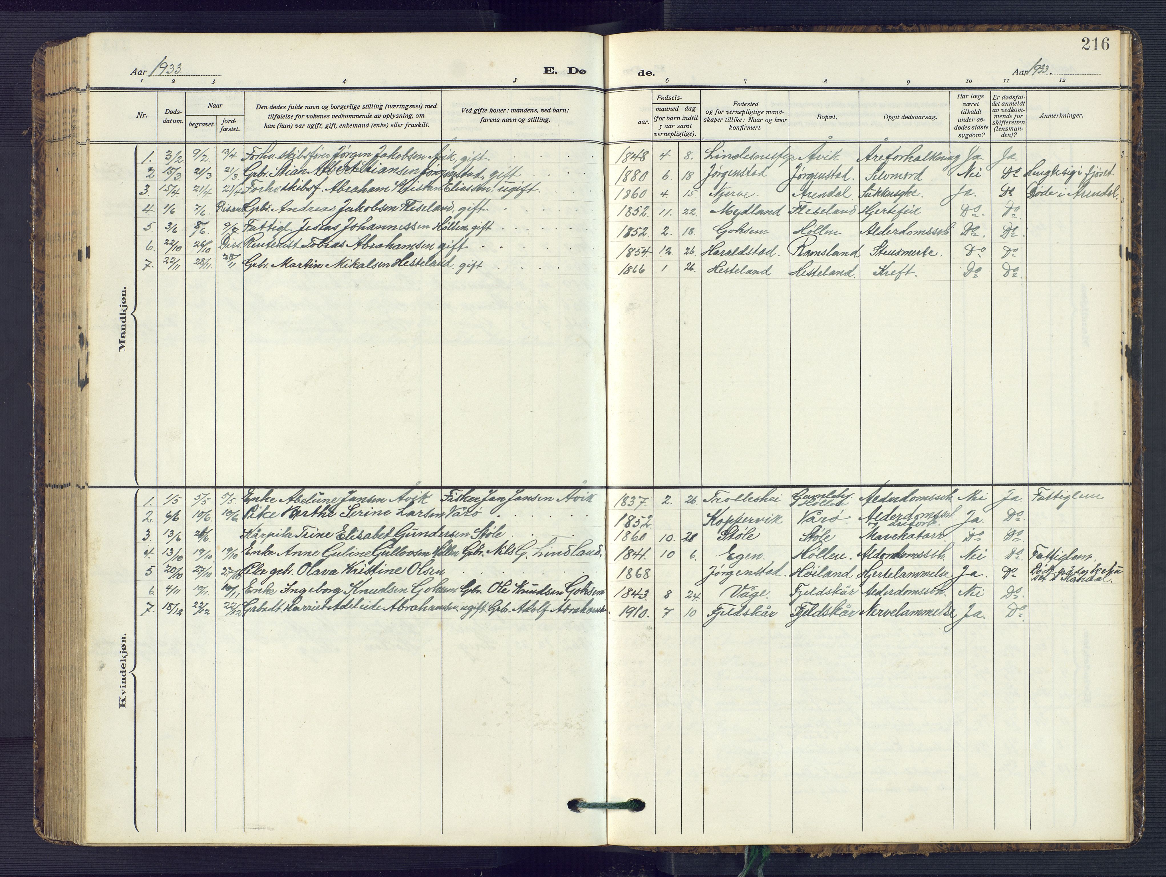 Sør-Audnedal sokneprestkontor, AV/SAK-1111-0039/F/Fb/Fba/L0005: Parish register (copy) no. B 5, 1908-1963, p. 216