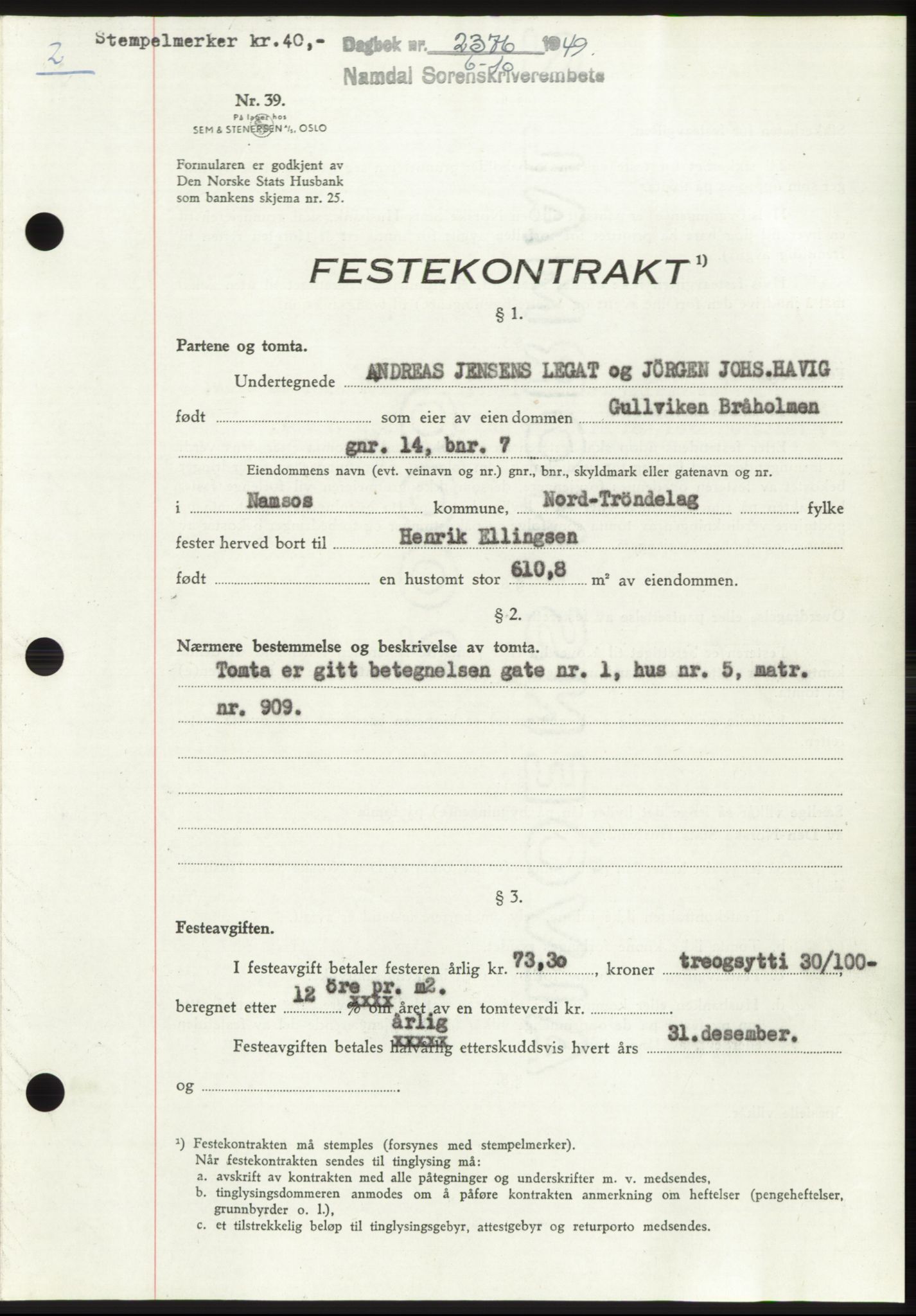 Namdal sorenskriveri, AV/SAT-A-4133/1/2/2C: Mortgage book no. -, 1949-1949, Diary no: : 2376/1949