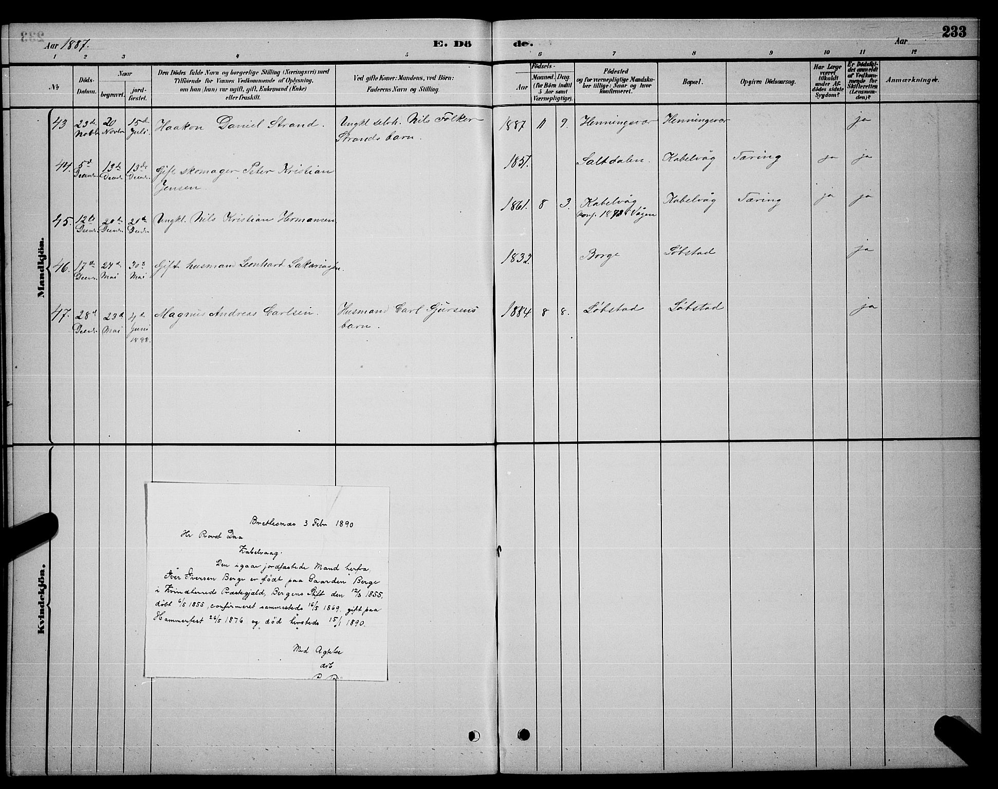 Ministerialprotokoller, klokkerbøker og fødselsregistre - Nordland, AV/SAT-A-1459/874/L1076: Parish register (copy) no. 874C05, 1884-1890, p. 233