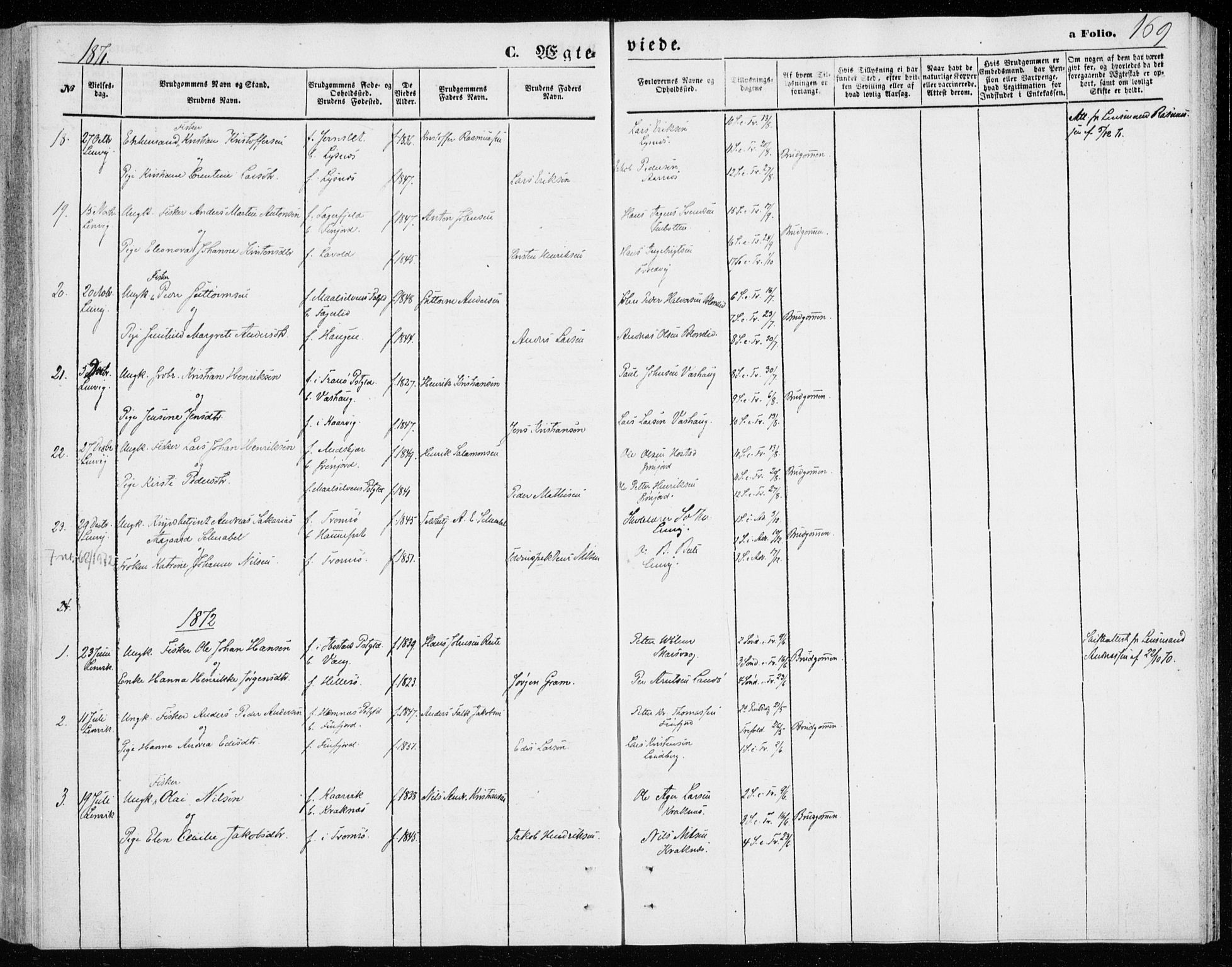 Lenvik sokneprestembete, AV/SATØ-S-1310/H/Ha/Haa/L0009kirke: Parish register (official) no. 9, 1866-1873, p. 169