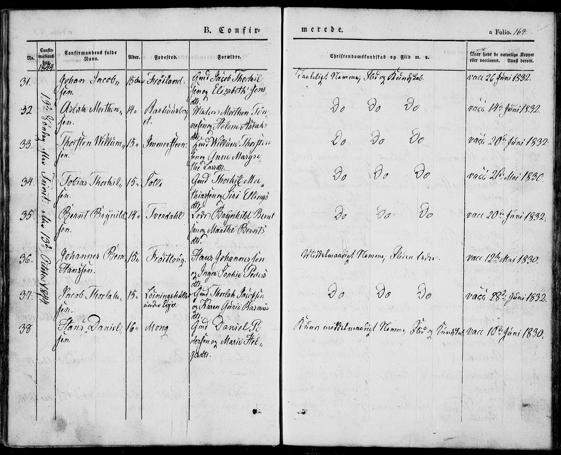 Sokndal sokneprestkontor, AV/SAST-A-101808: Parish register (official) no. A 8.1, 1842-1857, p. 164