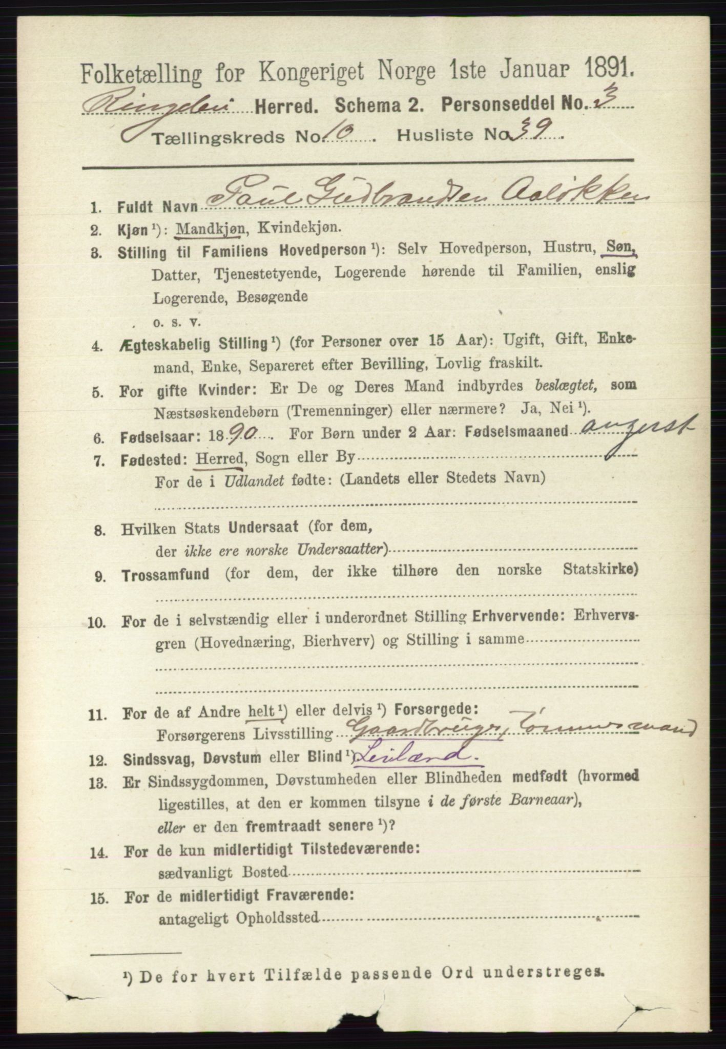 RA, 1891 census for 0520 Ringebu, 1891, p. 5103