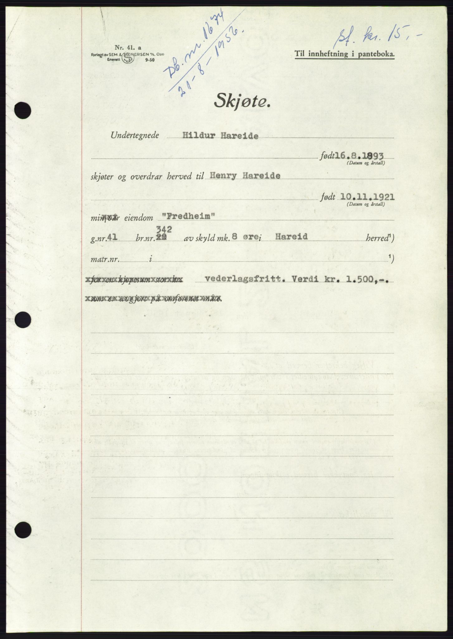 Søre Sunnmøre sorenskriveri, AV/SAT-A-4122/1/2/2C/L0104: Mortgage book no. 30A, 1956-1956, Diary no: : 1674/1956