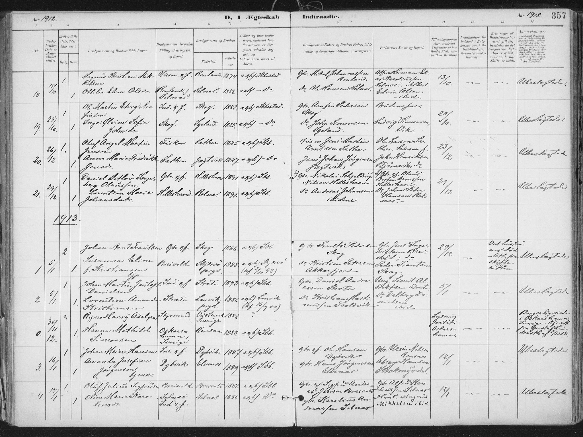 Ibestad sokneprestembete, SATØ/S-0077/H/Ha/Haa/L0017kirke: Parish register (official) no. 17, 1901-1914, p. 357