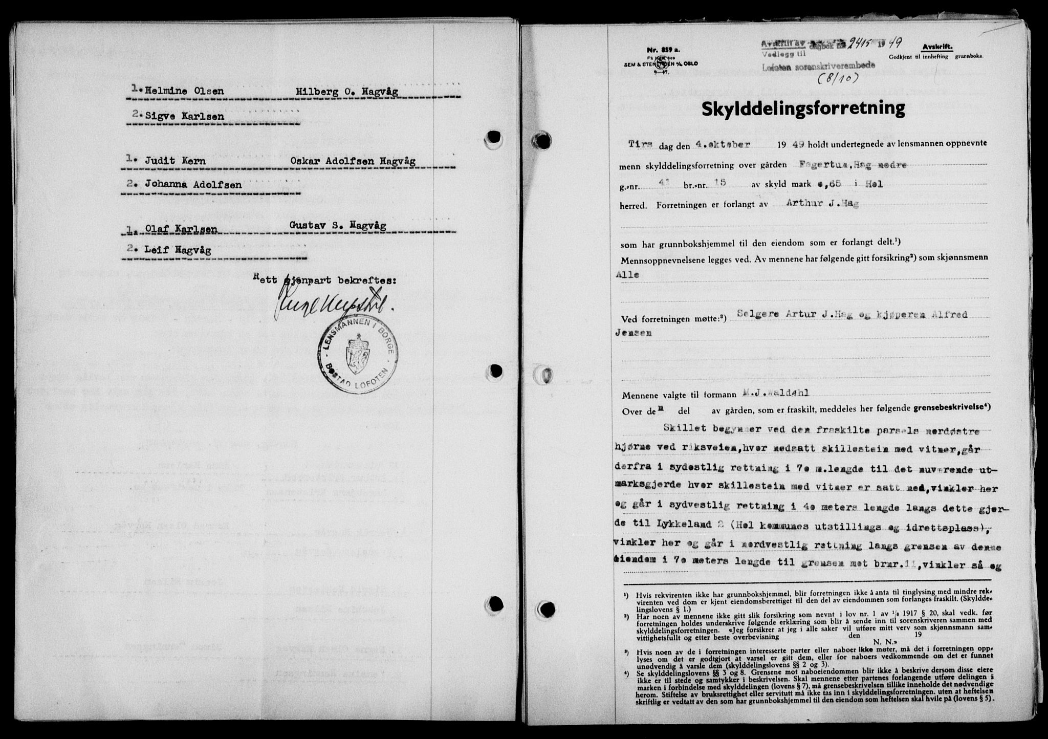 Lofoten sorenskriveri, SAT/A-0017/1/2/2C/L0022a: Mortgage book no. 22a, 1949-1950, Diary no: : 2415/1949