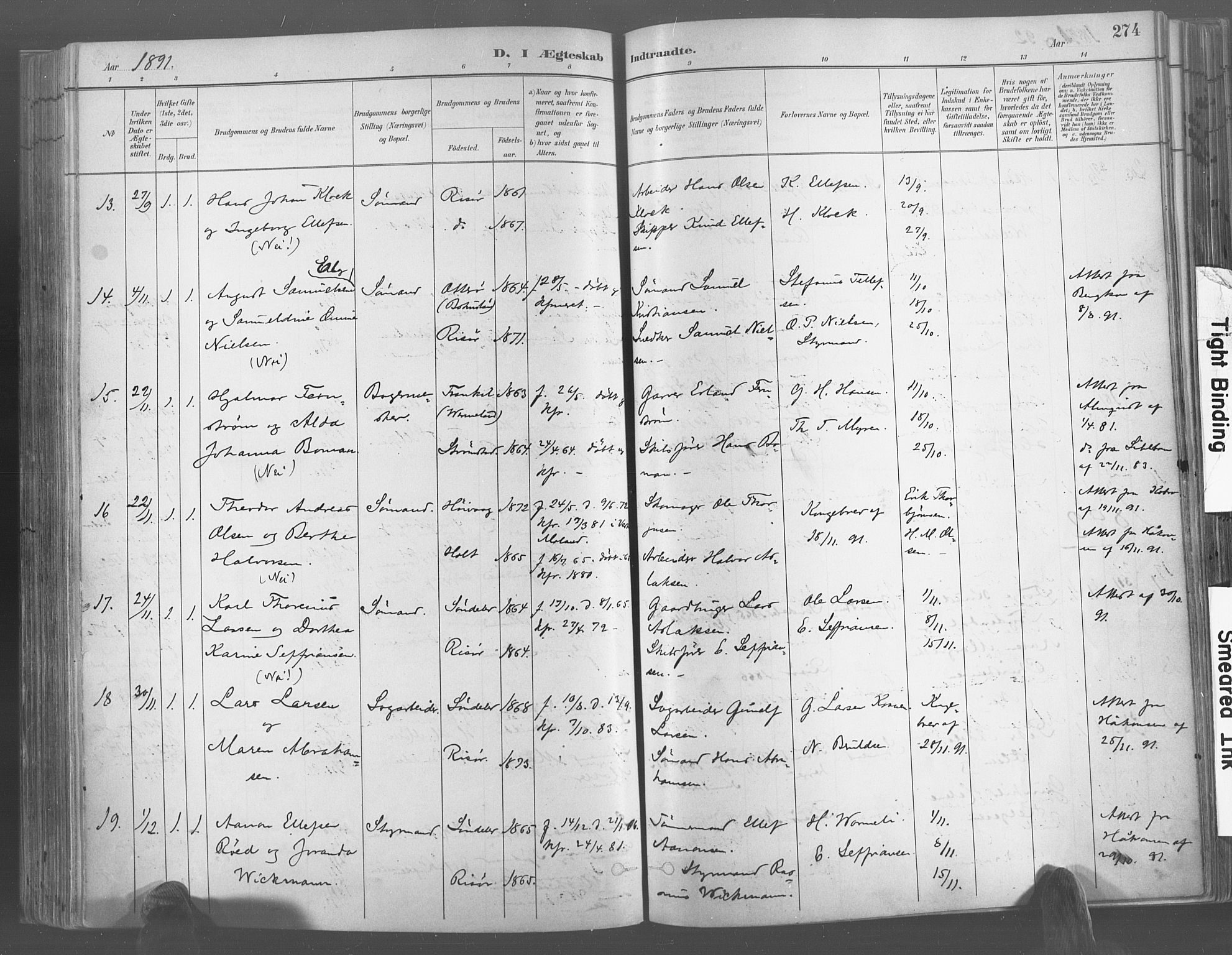 Risør sokneprestkontor, AV/SAK-1111-0035/F/Fa/L0005: Parish register (official) no. A 5, 1883-1895, p. 274