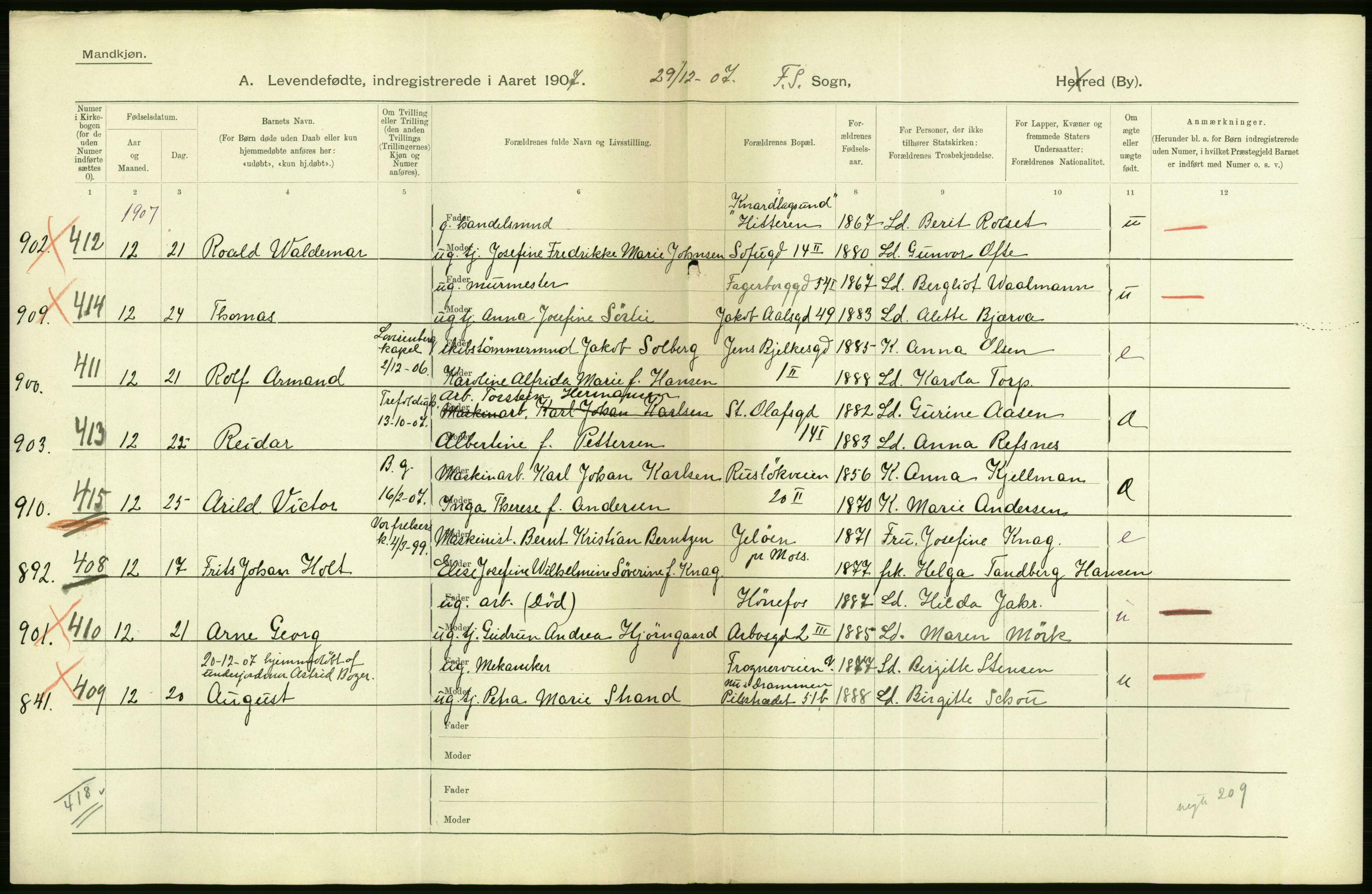 Statistisk sentralbyrå, Sosiodemografiske emner, Befolkning, AV/RA-S-2228/D/Df/Dfa/Dfae/L0007: Kristiania: Levendefødte menn og kvinner., 1907, p. 2