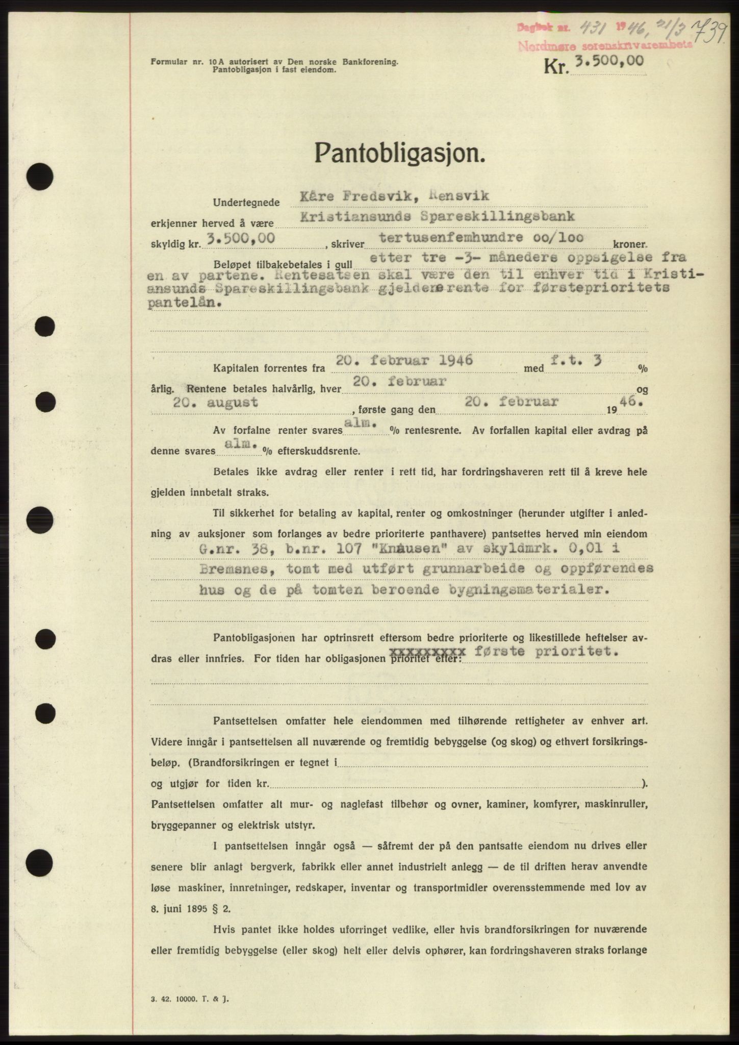 Nordmøre sorenskriveri, AV/SAT-A-4132/1/2/2Ca: Mortgage book no. B93b, 1946-1946, Diary no: : 431/1946