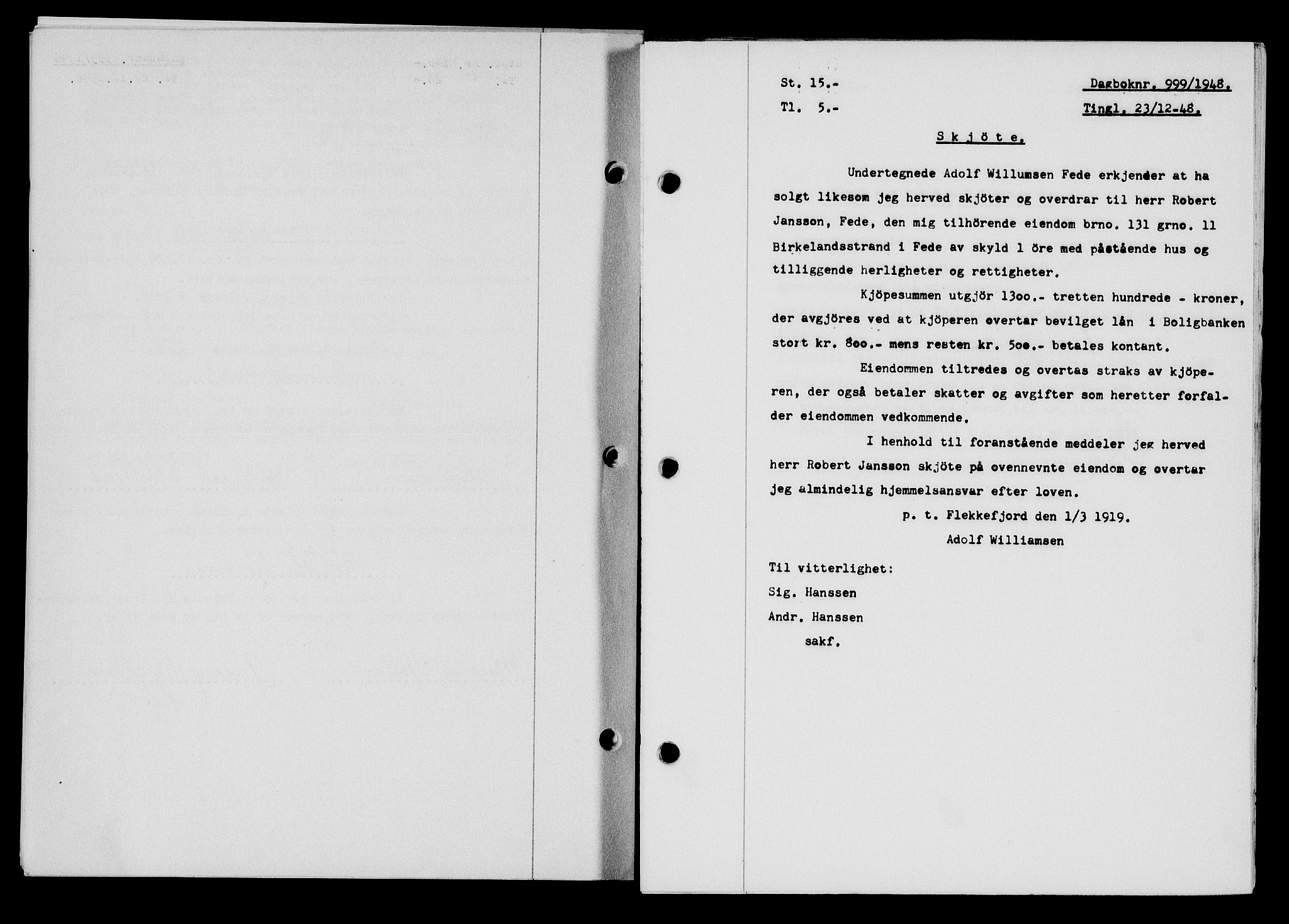 Flekkefjord sorenskriveri, SAK/1221-0001/G/Gb/Gba/L0064: Mortgage book no. A-12, 1948-1949, Diary no: : 999/1948