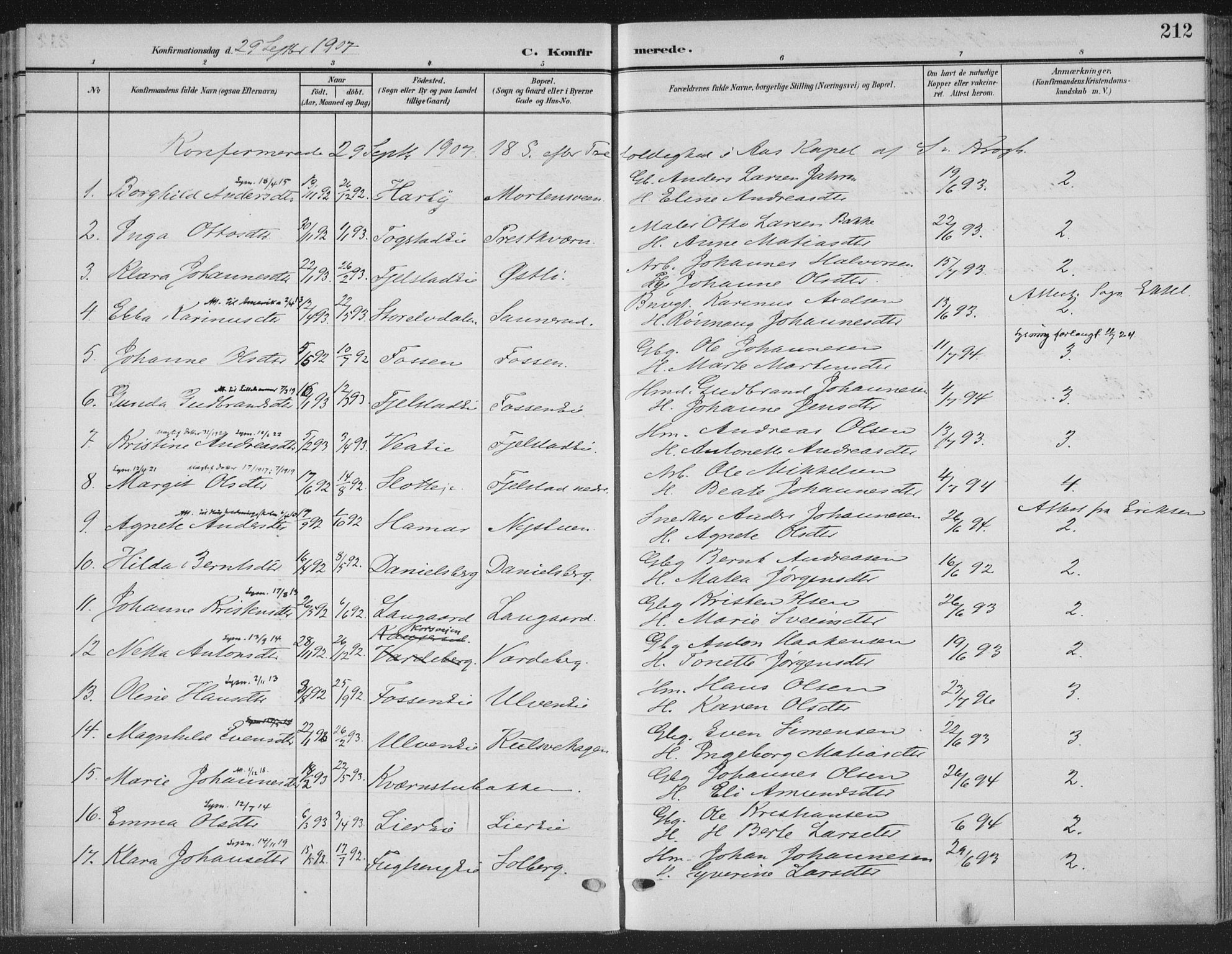 Ringsaker prestekontor, AV/SAH-PREST-014/K/Ka/L0018: Parish register (official) no. 18, 1903-1912, p. 212