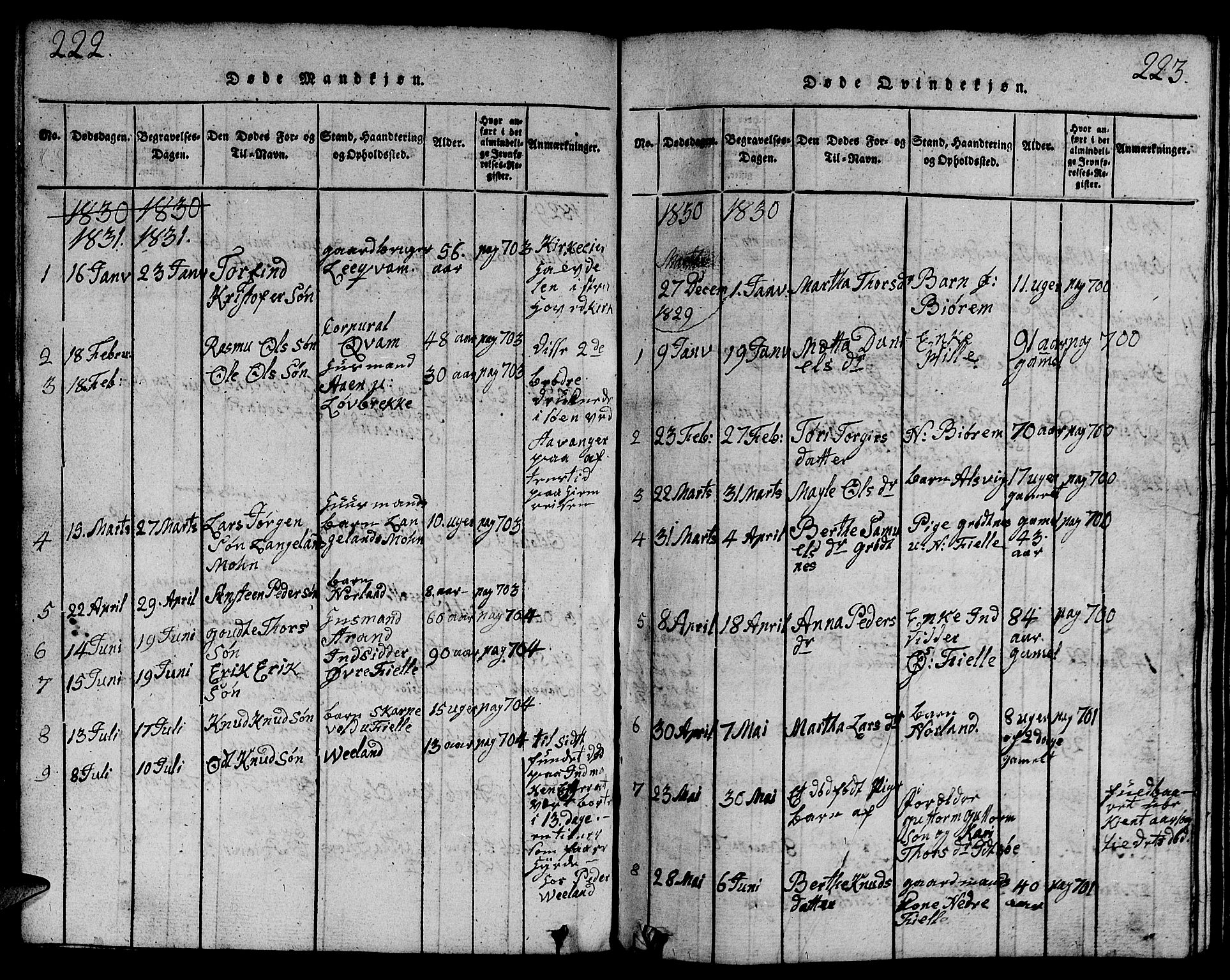 Strand sokneprestkontor, SAST/A-101828/H/Ha/Hab/L0001: Parish register (copy) no. B 1, 1816-1854, p. 222-223