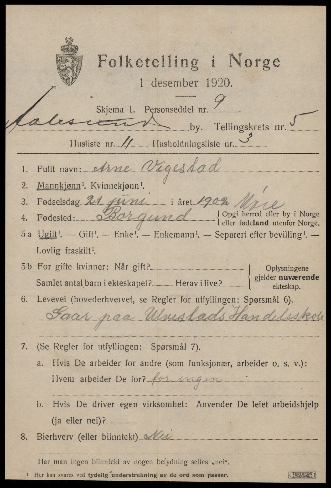 SAT, 1920 census for Ålesund, 1920, p. 16546