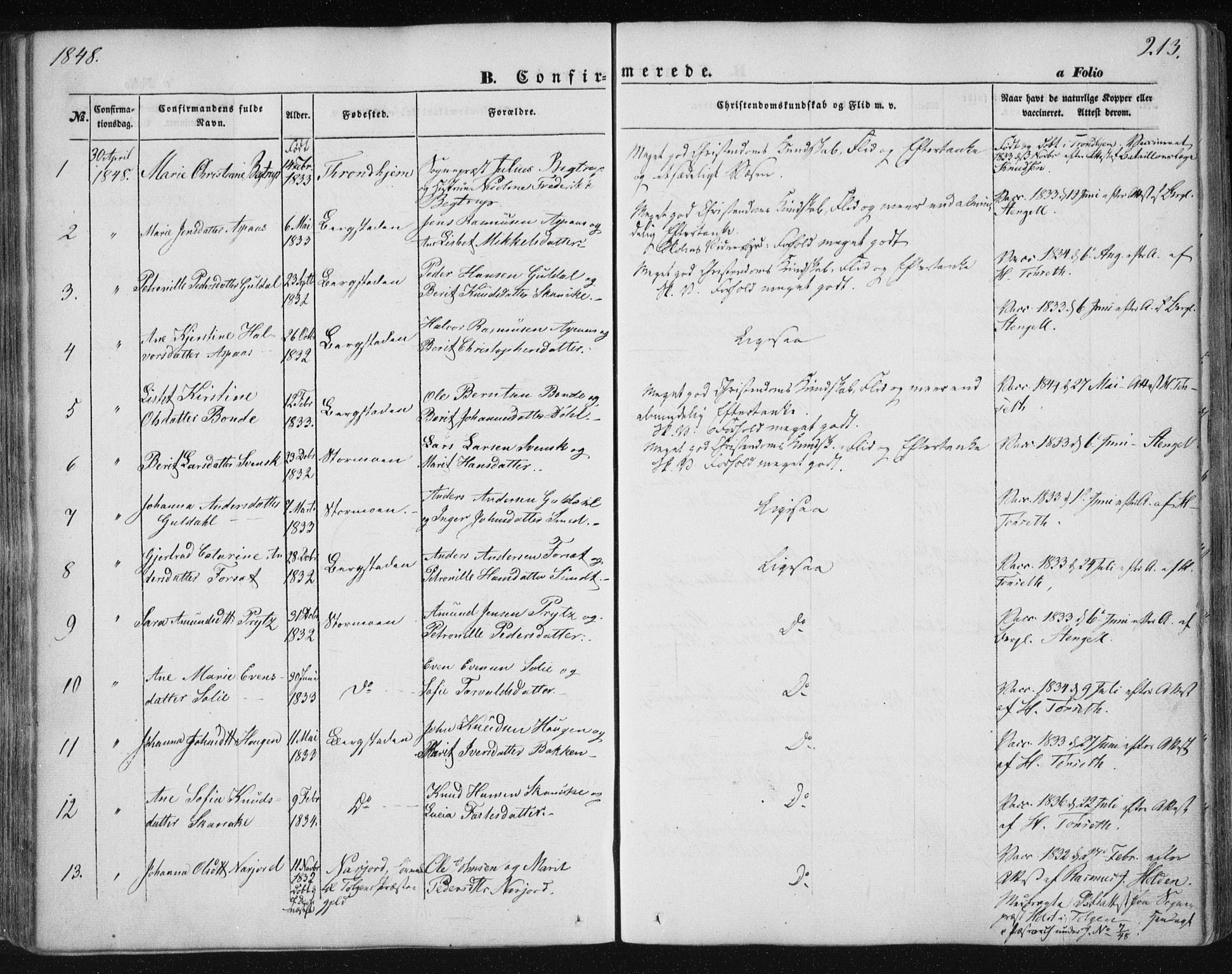 Ministerialprotokoller, klokkerbøker og fødselsregistre - Sør-Trøndelag, AV/SAT-A-1456/681/L0931: Parish register (official) no. 681A09, 1845-1859, p. 213