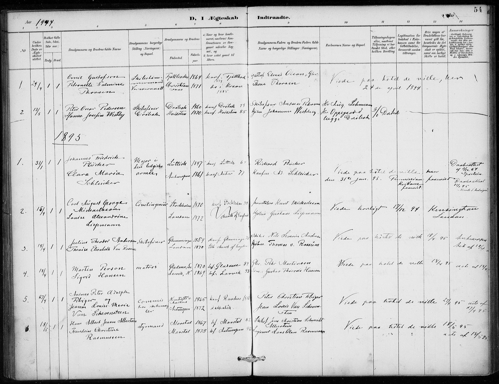 Den norske sjømannsmisjon i utlandet/Antwerpen, SAB/SAB/PA-0105/H/Ha/L0002: Parish register (official) no. A 2, 1887-1913, p. 54