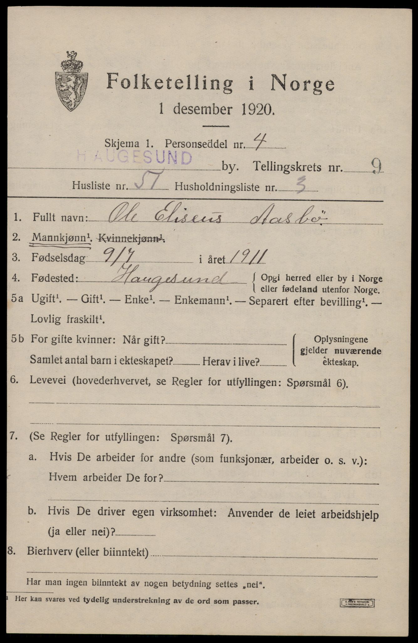 SAST, 1920 census for Haugesund, 1920, p. 33071