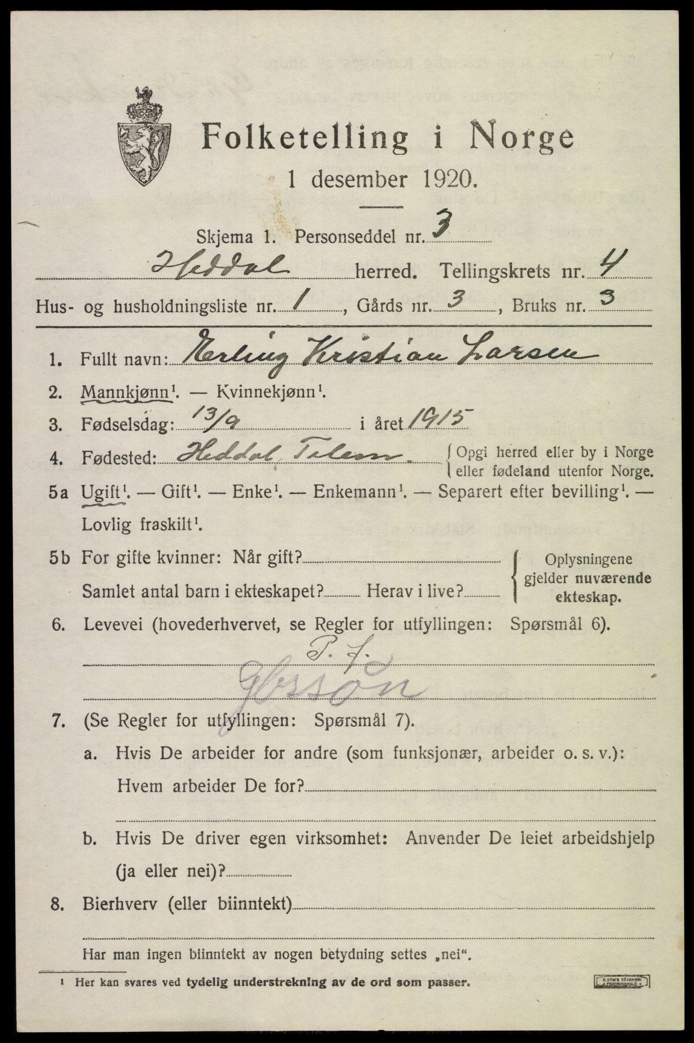 SAKO, 1920 census for Heddal, 1920, p. 4452