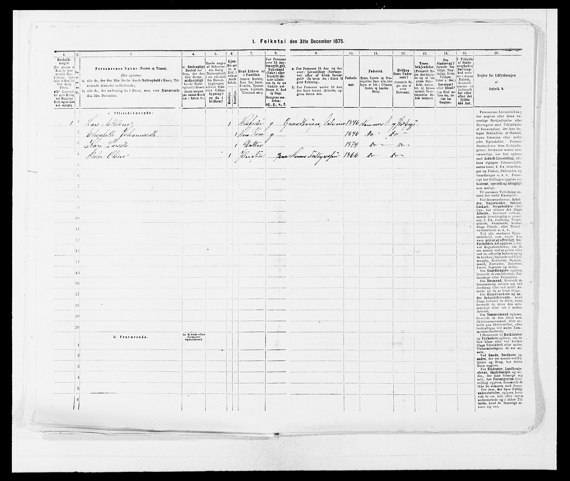 SAB, 1875 census for 1254P Hamre, 1875, p. 1164