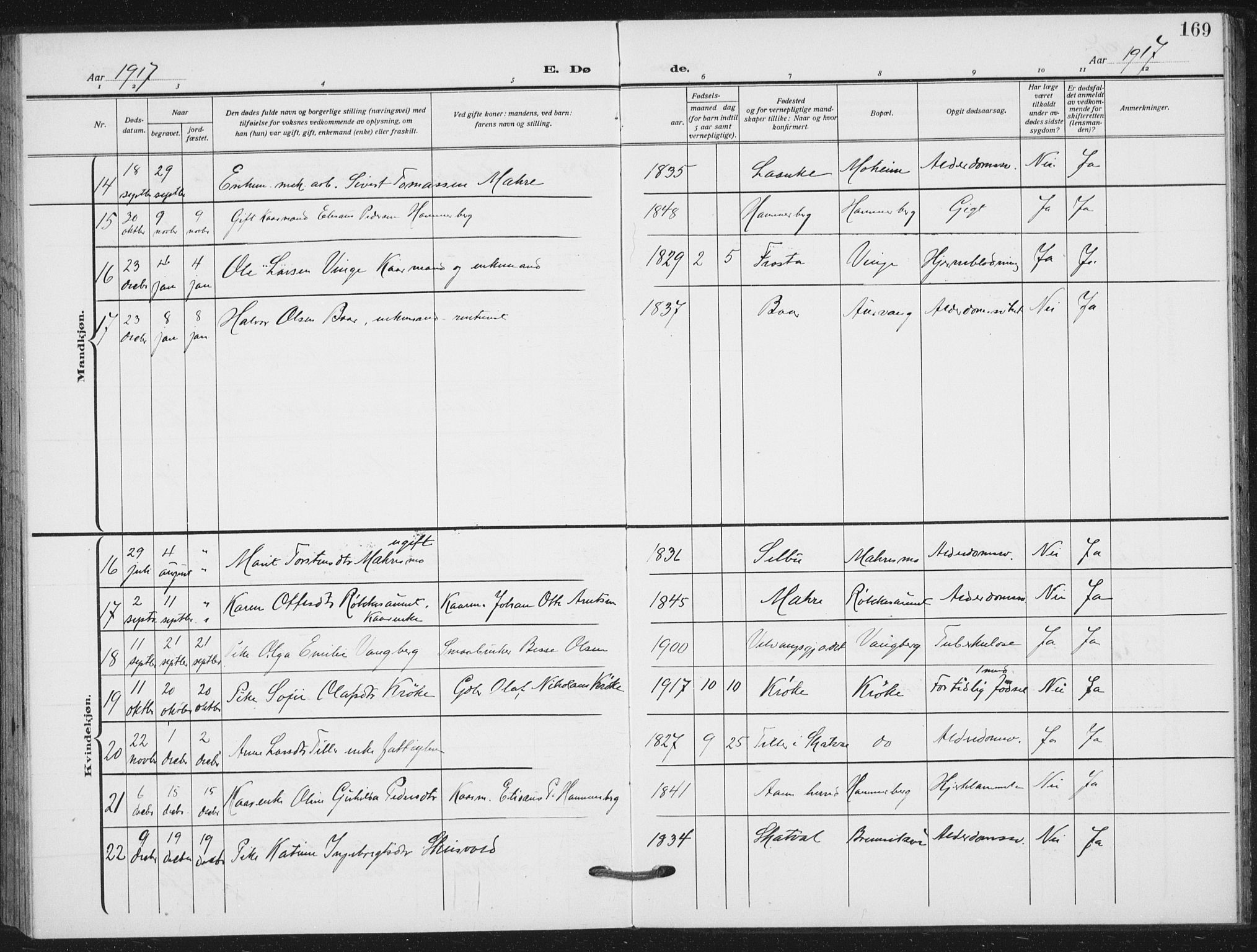 Ministerialprotokoller, klokkerbøker og fødselsregistre - Nord-Trøndelag, AV/SAT-A-1458/712/L0102: Parish register (official) no. 712A03, 1916-1929, p. 169